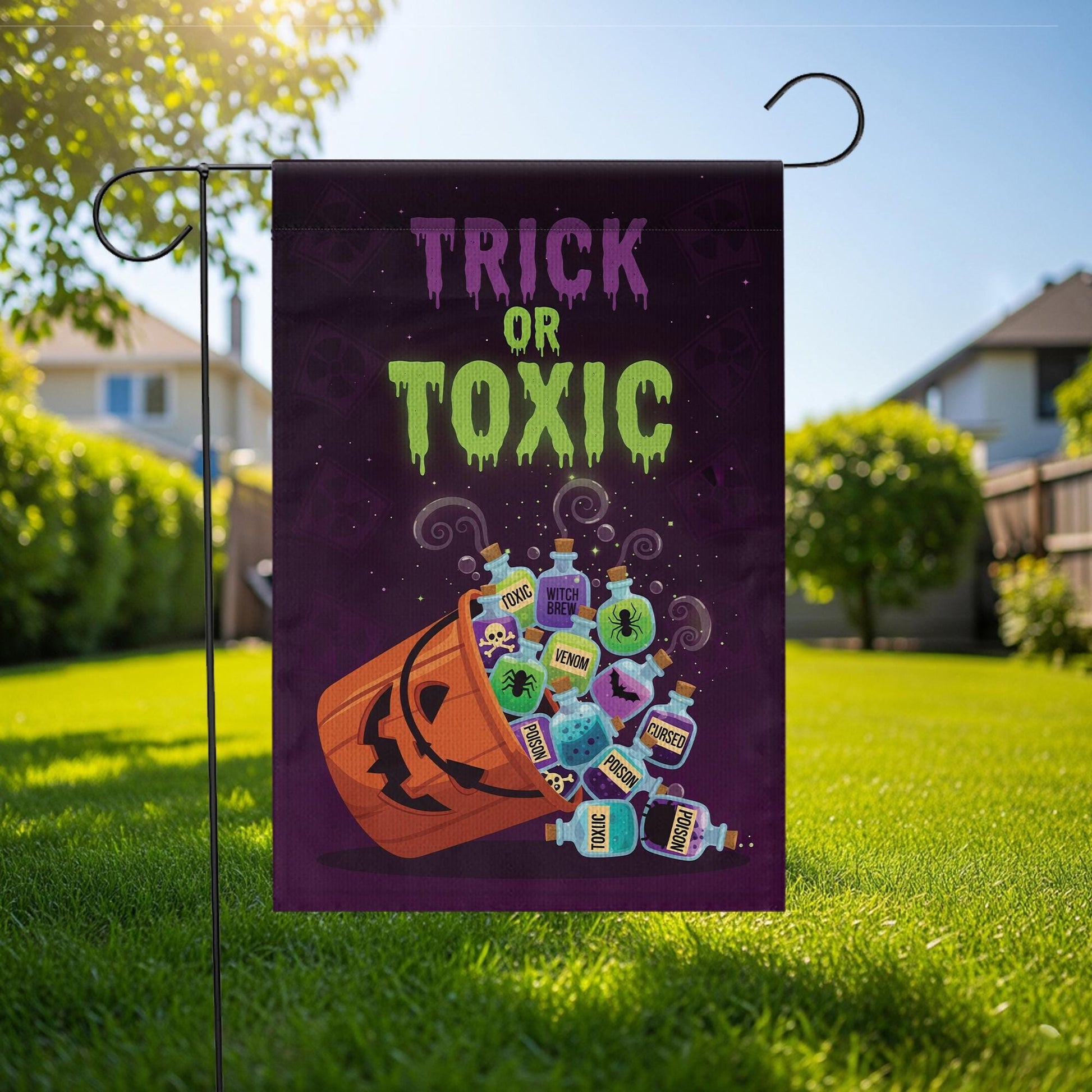 Trick or Toxic Halloween Garden Flag, Spooky Pumpkin Poison Bottle Yard Decor, Funny Outdoor Fall Decoration