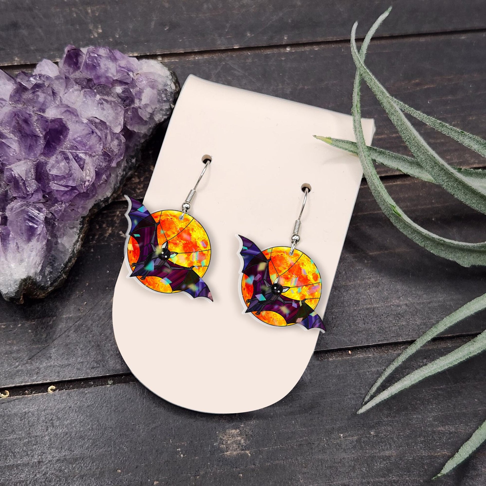 Bat and Moon Earrings – Halloween Flying Bat Drop Earrings, Gothic Full Moon Jewelry, Spooky Vampire Bat Dangle Earrings for Women