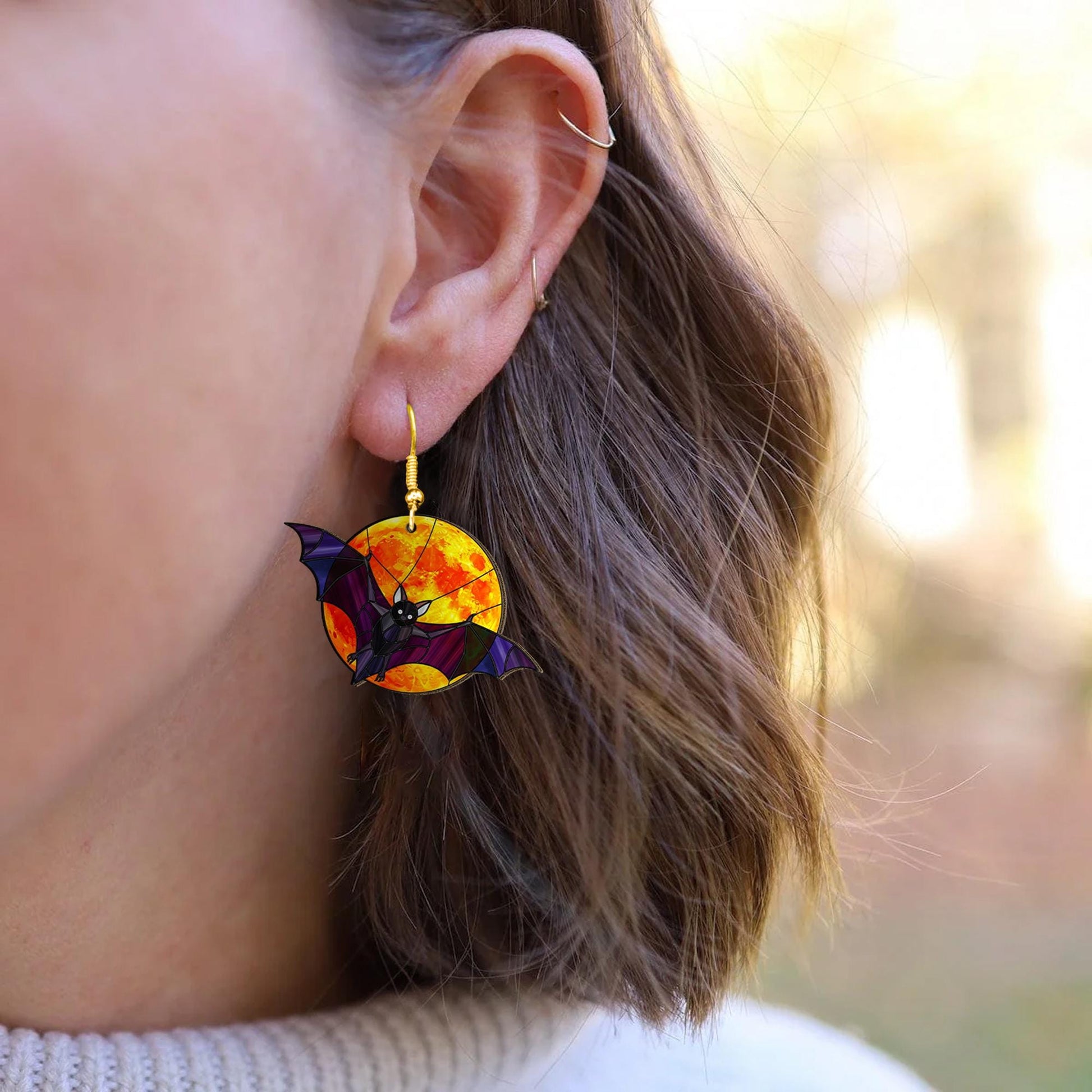 Bat and Moon Earrings – Halloween Flying Bat Drop Earrings, Gothic Full Moon Jewelry, Spooky Vampire Bat Dangle Earrings for Women