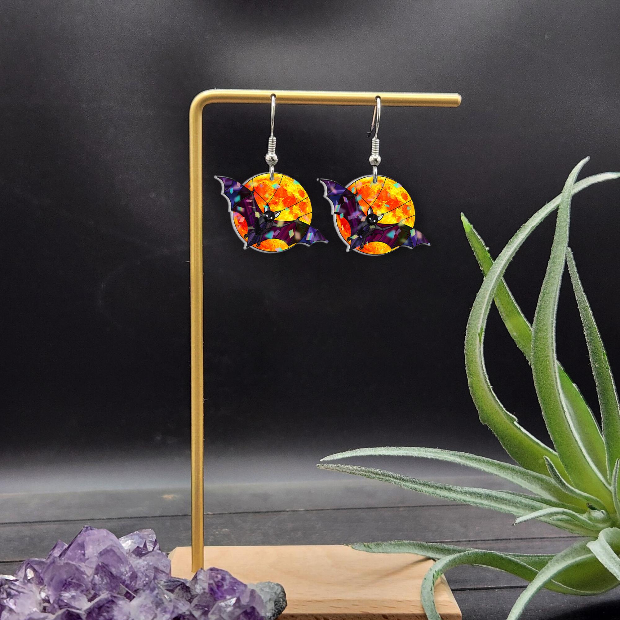 Bat and Moon Earrings – Halloween Flying Bat Drop Earrings, Gothic Full Moon Jewelry, Spooky Vampire Bat Dangle Earrings for Women