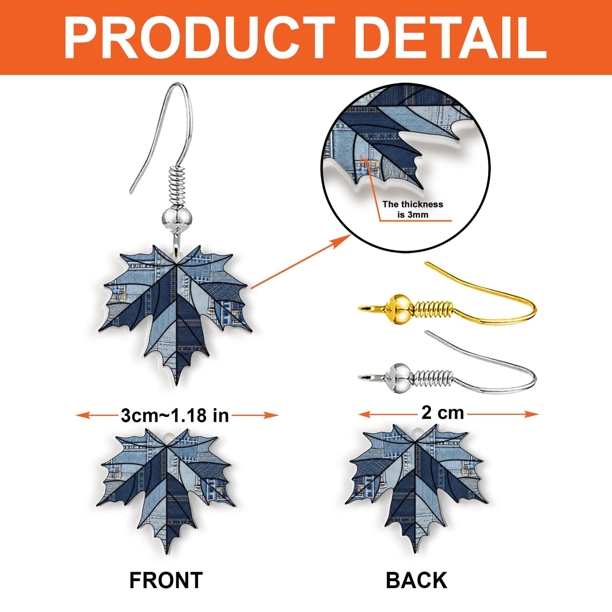 Denim Leaf Earrings – Blue Maple Leaf Drop Earrings, Fall Leaf Dangle Jewelry, Rustic Autumn Nature Earrings for Women