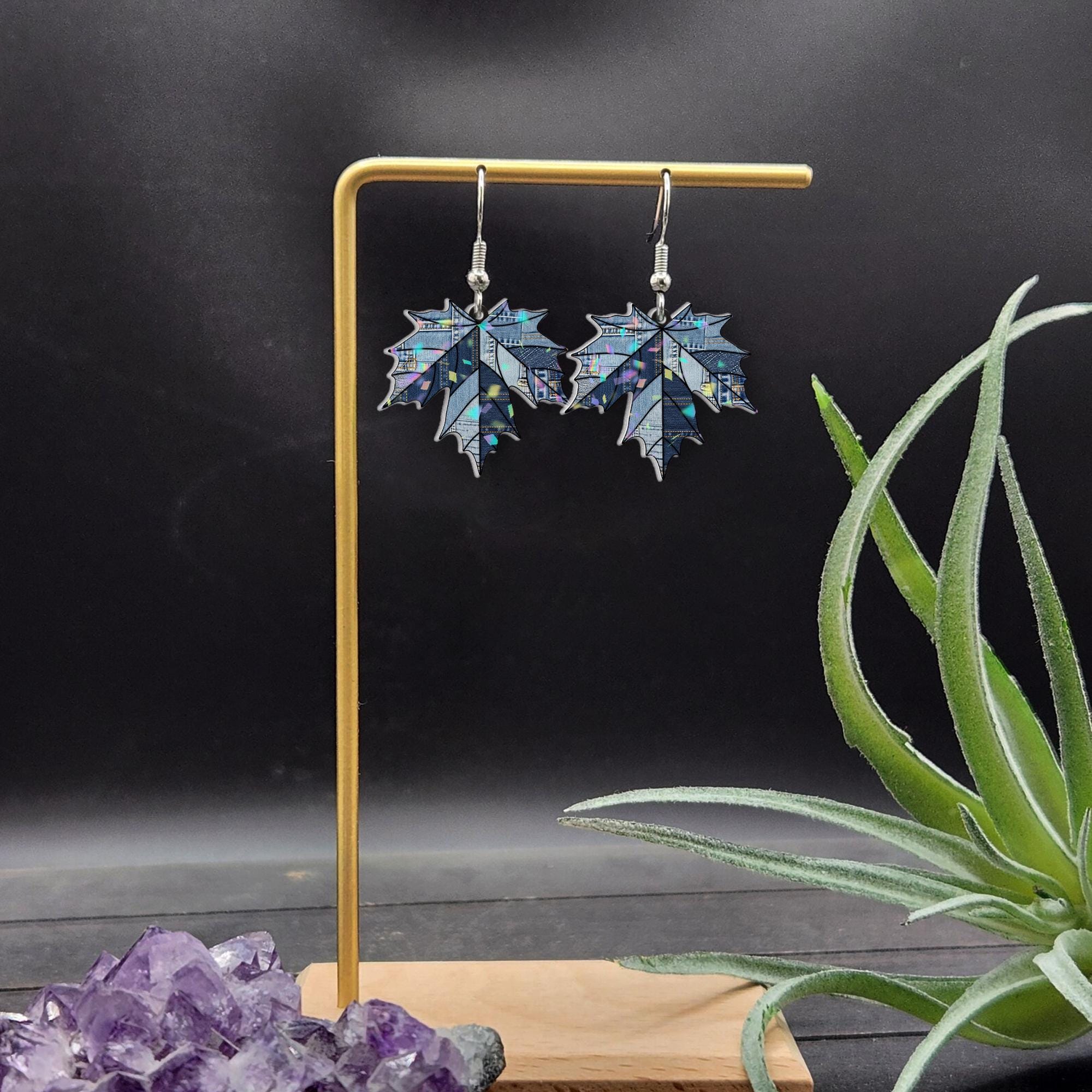 Denim Leaf Earrings – Blue Maple Leaf Drop Earrings, Fall Leaf Dangle Jewelry, Rustic Autumn Nature Earrings for Women