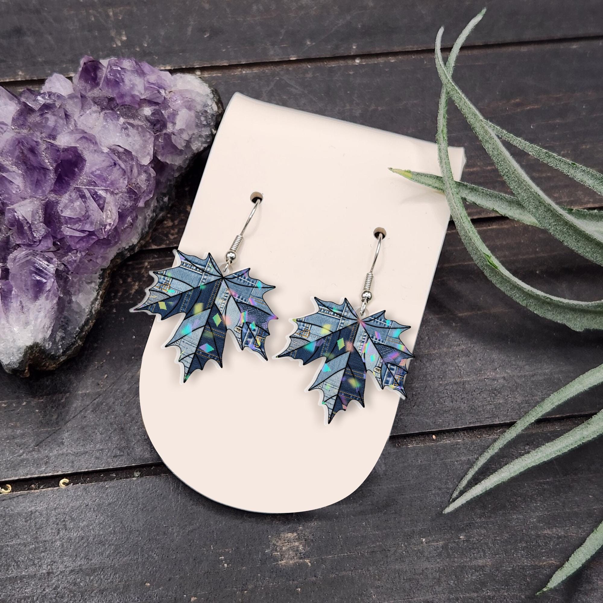 Denim Leaf Earrings – Blue Maple Leaf Drop Earrings, Fall Leaf Dangle Jewelry, Rustic Autumn Nature Earrings for Women