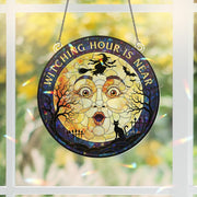 Witching Hour Is Near Stained Glass Suncatcher, Halloween Moon and Witch Window Hanging, Spooky Black Cat Decor