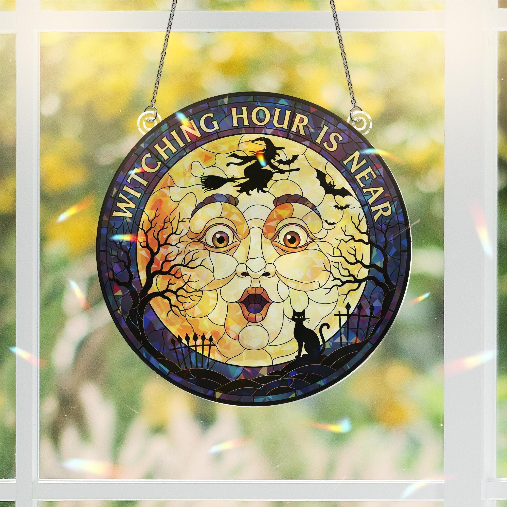 Witching Hour Is Near Stained Glass Suncatcher, Halloween Moon and Witch Window Hanging, Spooky Black Cat Decor