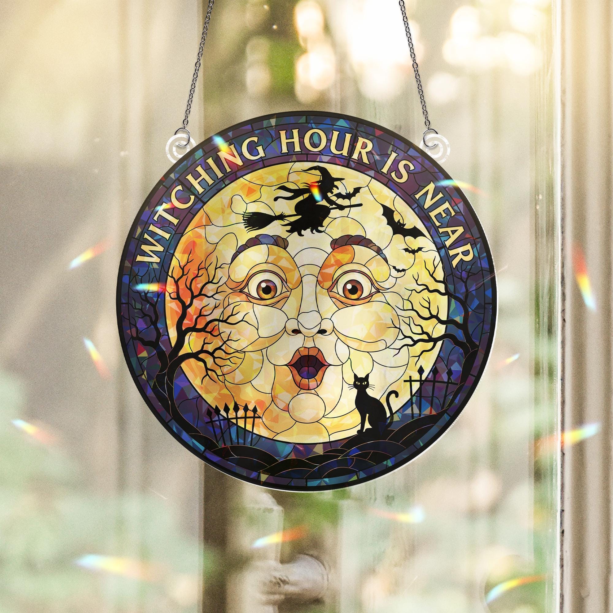 Witching Hour Is Near Stained Glass Suncatcher, Halloween Moon and Witch Window Hanging, Spooky Black Cat Decor