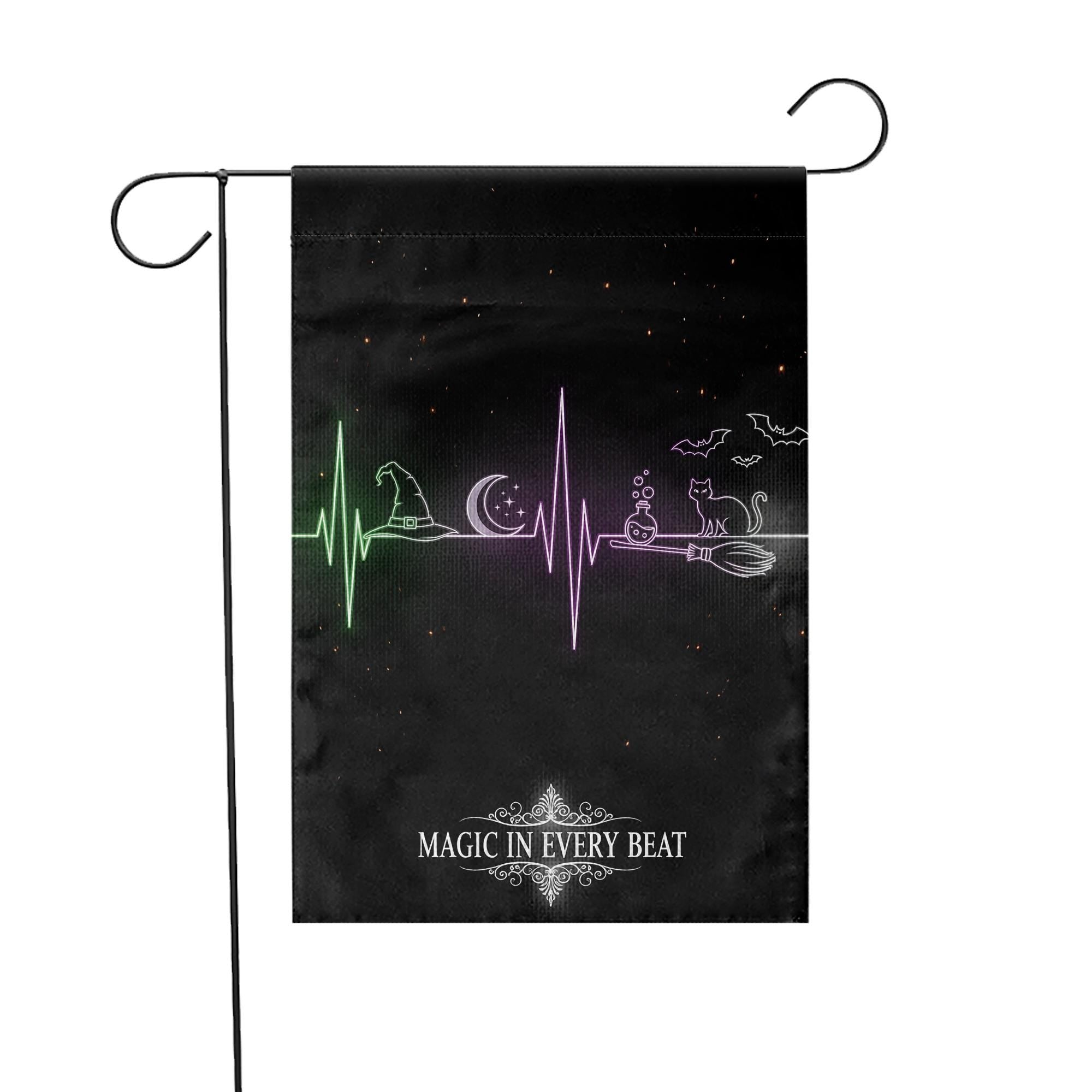 Magic in Every Beat Halloween Garden Flag, Witch Heartbeat Outdoor Yard Decor, Spooky Black Cat and Broomstick Flag