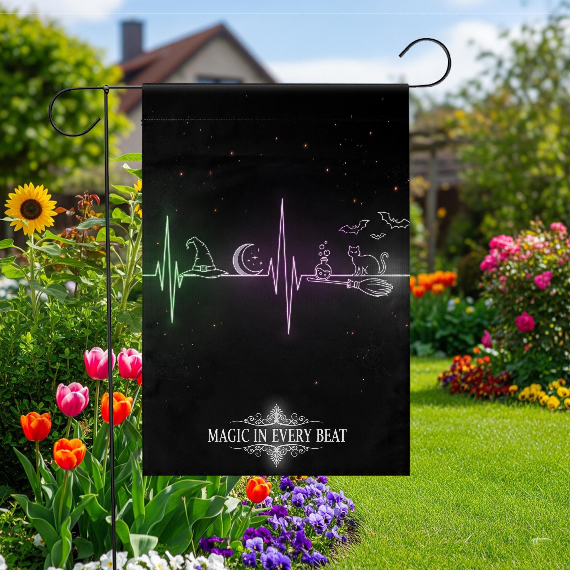 Magic in Every Beat Halloween Garden Flag, Witch Heartbeat Outdoor Yard Decor, Spooky Black Cat and Broomstick Flag
