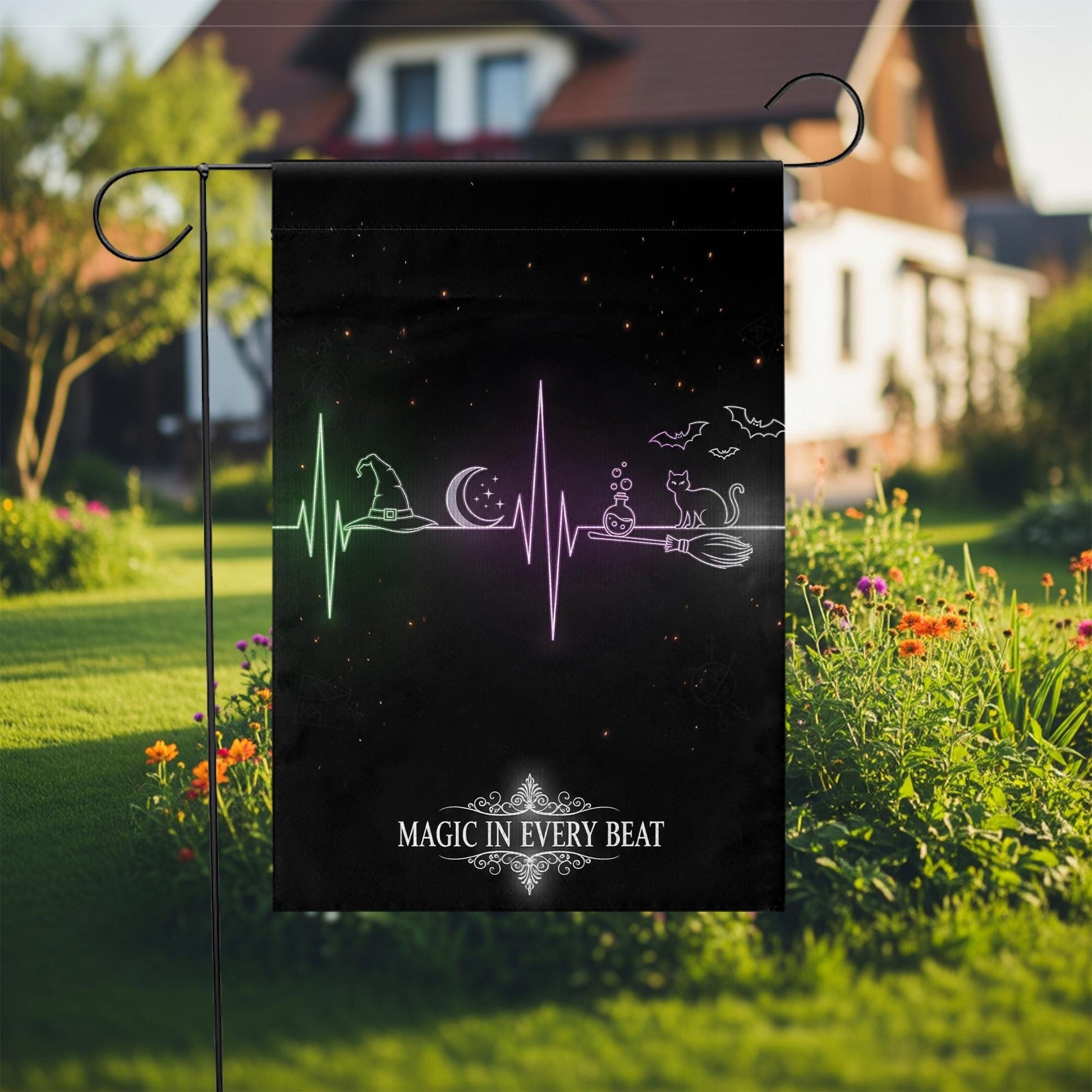 Magic in Every Beat Halloween Garden Flag, Witch Heartbeat Outdoor Yard Decor, Spooky Black Cat and Broomstick Flag