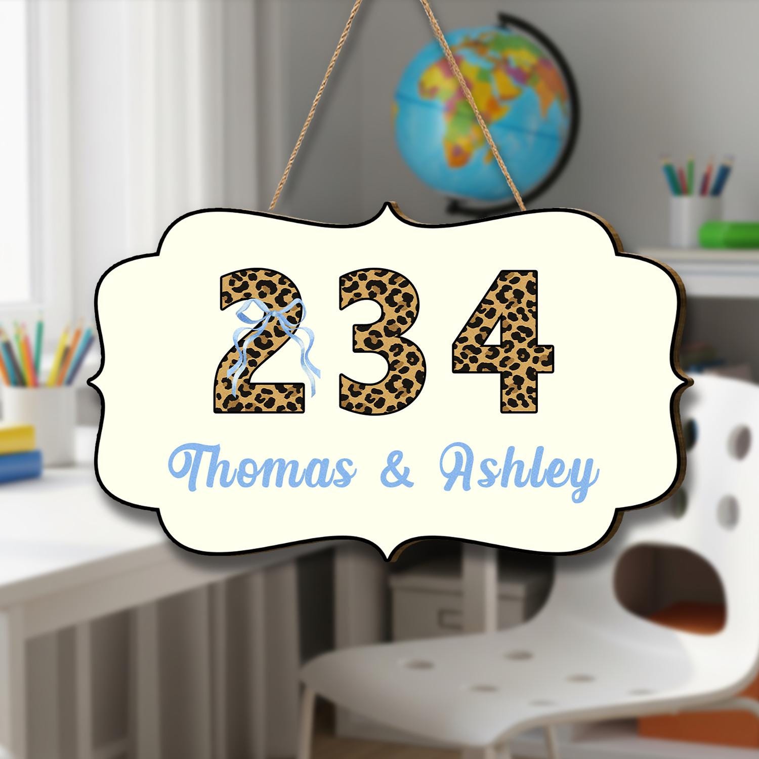 Personalized Leopard Dorm Door Sign | Personalized Room Number & Name Plaque | Blue Bow College Door Decor | Preppy Monogram Roommate Gift