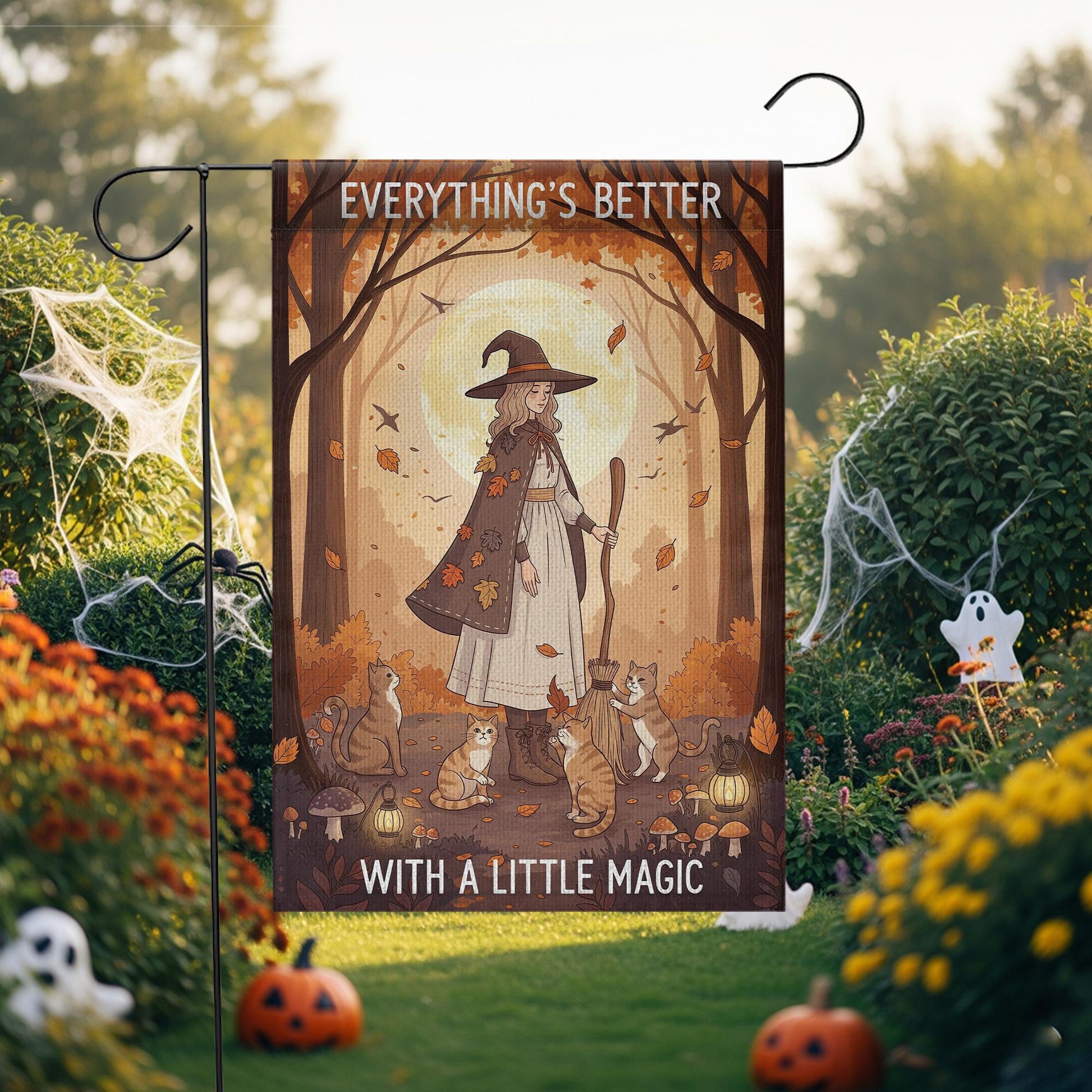 Everything’s Better With a Little Magic Garden Flag, Autumn Witch and Cats Outdoor Yard Decor, Fall Halloween Witchy Flag