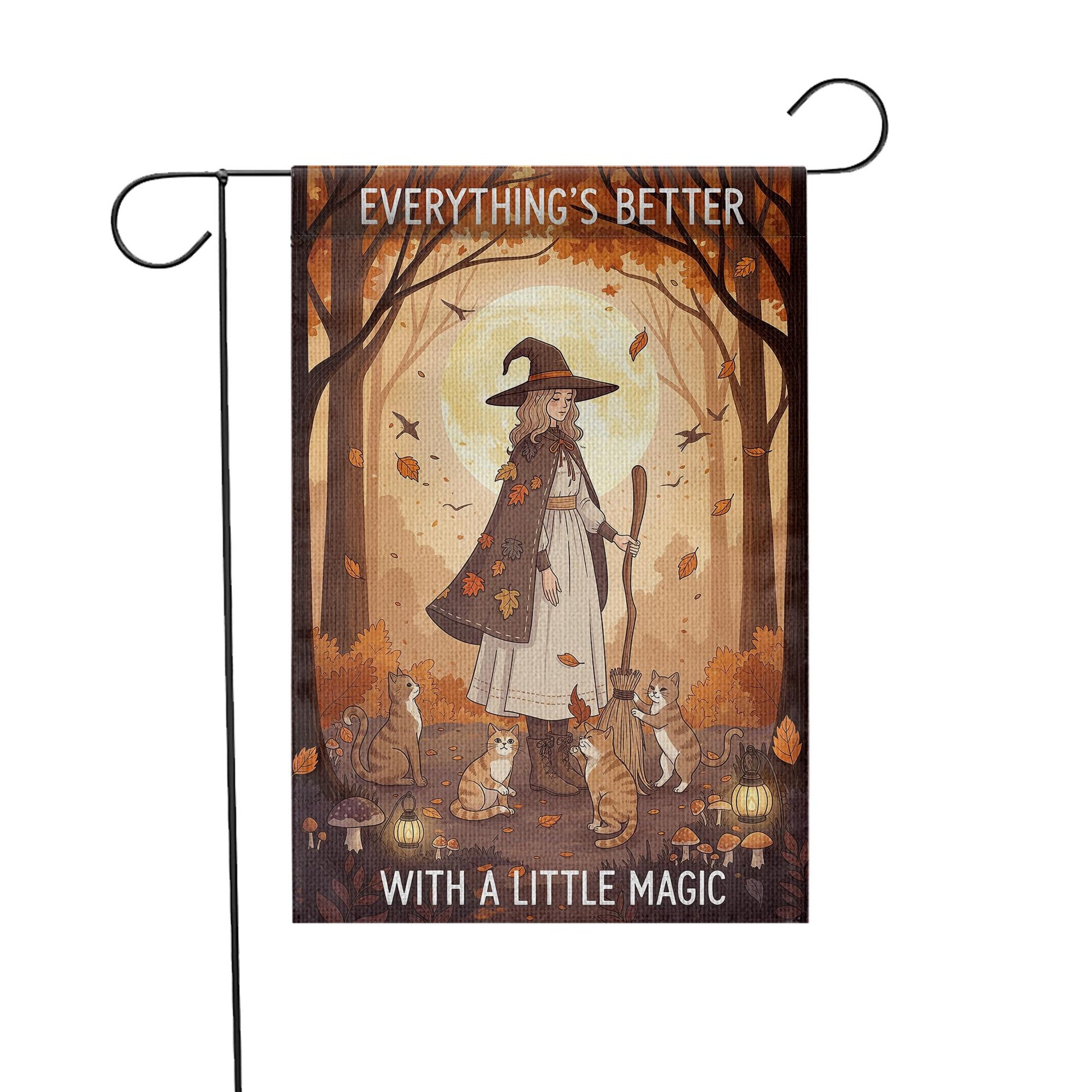 Everything’s Better With a Little Magic Garden Flag, Autumn Witch and Cats Outdoor Yard Decor, Fall Halloween Witchy Flag
