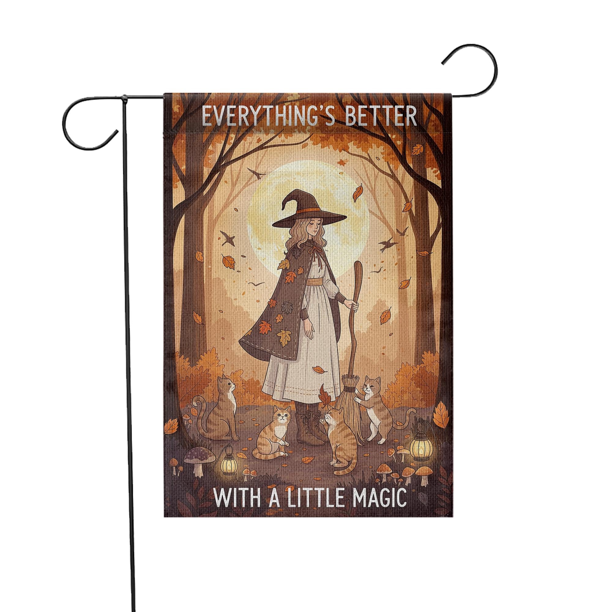 Everything’s Better With a Little Magic Garden Flag, Autumn Witch and Cats Outdoor Yard Decor, Fall Halloween Witchy Flag