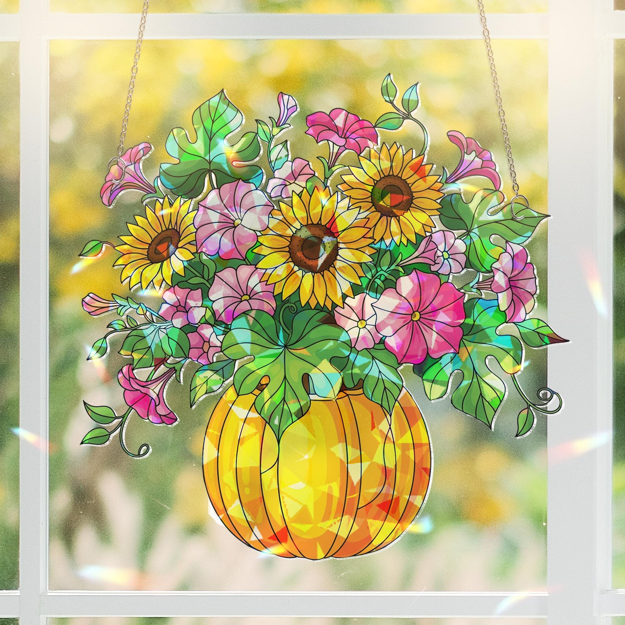 Handmade Acrylic Sunflower Pumpkin Suncatcher, Fall Window Decor, Floral Fall Light Catcher, Autumn Gift Home Accent, Home Decor Gift