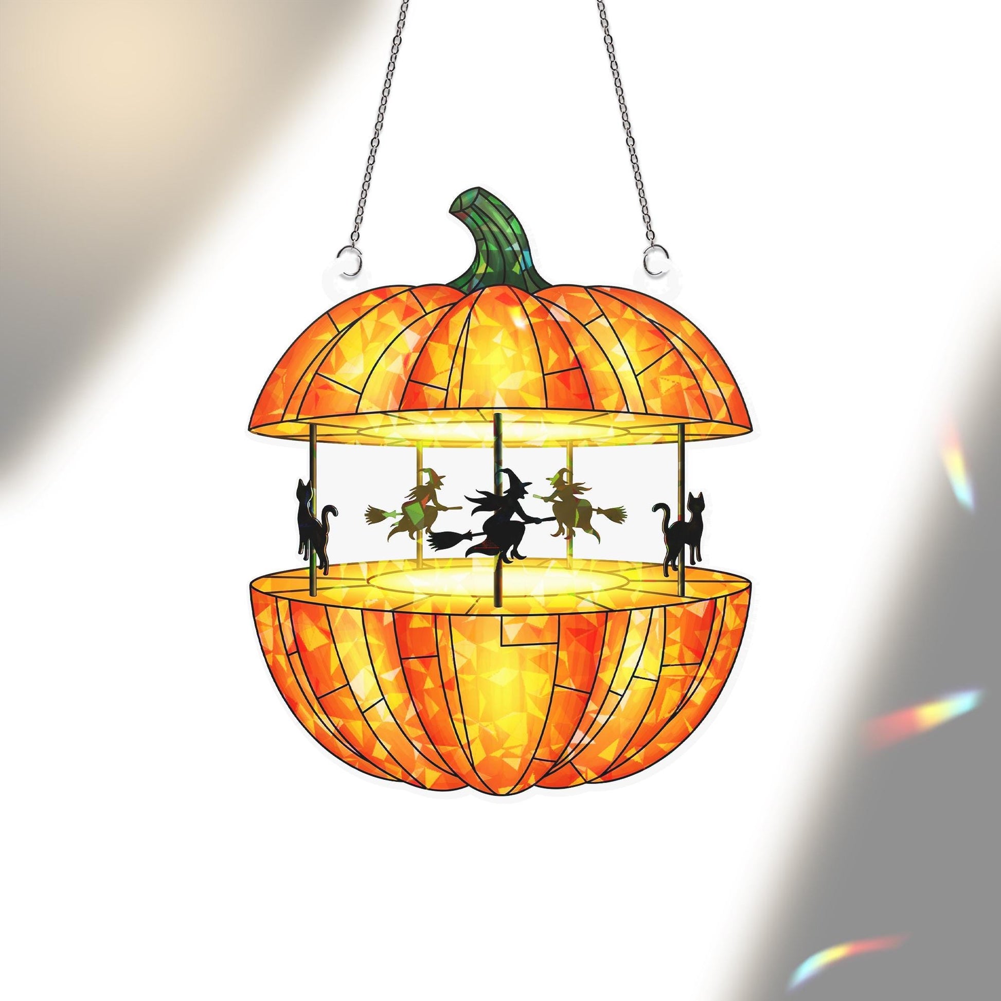 Pumpkin Carousel Holographic Window Hanging – Halloween Witch Cat Sun Catcher, Spooky Pumpkin Decor for Haunted House Windows