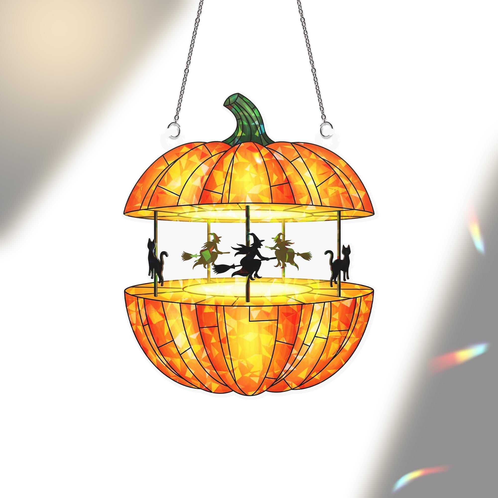 Pumpkin Carousel Holographic Window Hanging – Halloween Witch Cat Sun Catcher, Spooky Pumpkin Decor for Haunted House Windows