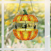 Pumpkin Carousel Holographic Window Hanging – Halloween Witch Cat Sun Catcher, Spooky Pumpkin Decor for Haunted House Windows