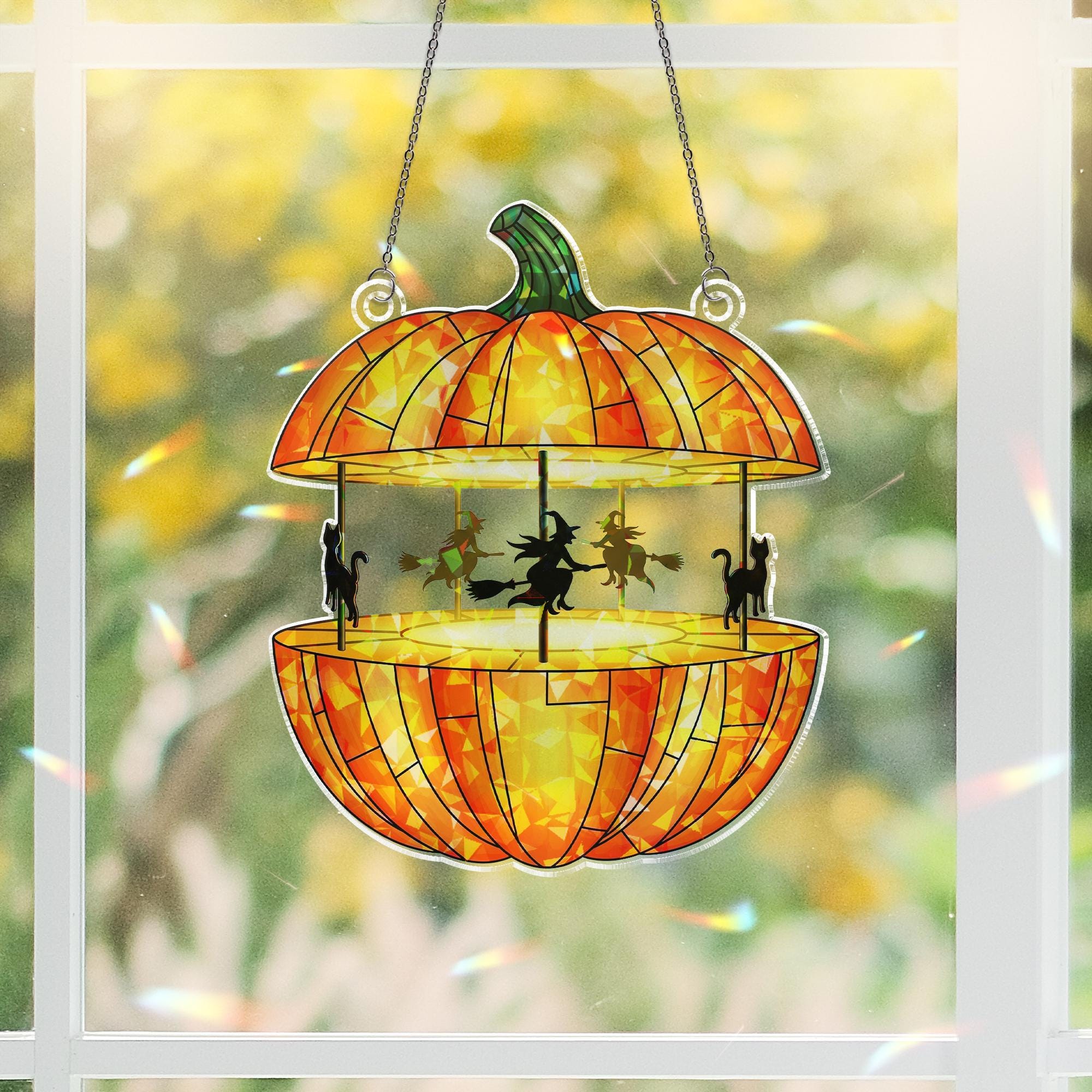 Pumpkin Carousel Holographic Window Hanging – Halloween Witch Cat Sun Catcher, Spooky Pumpkin Decor for Haunted House Windows