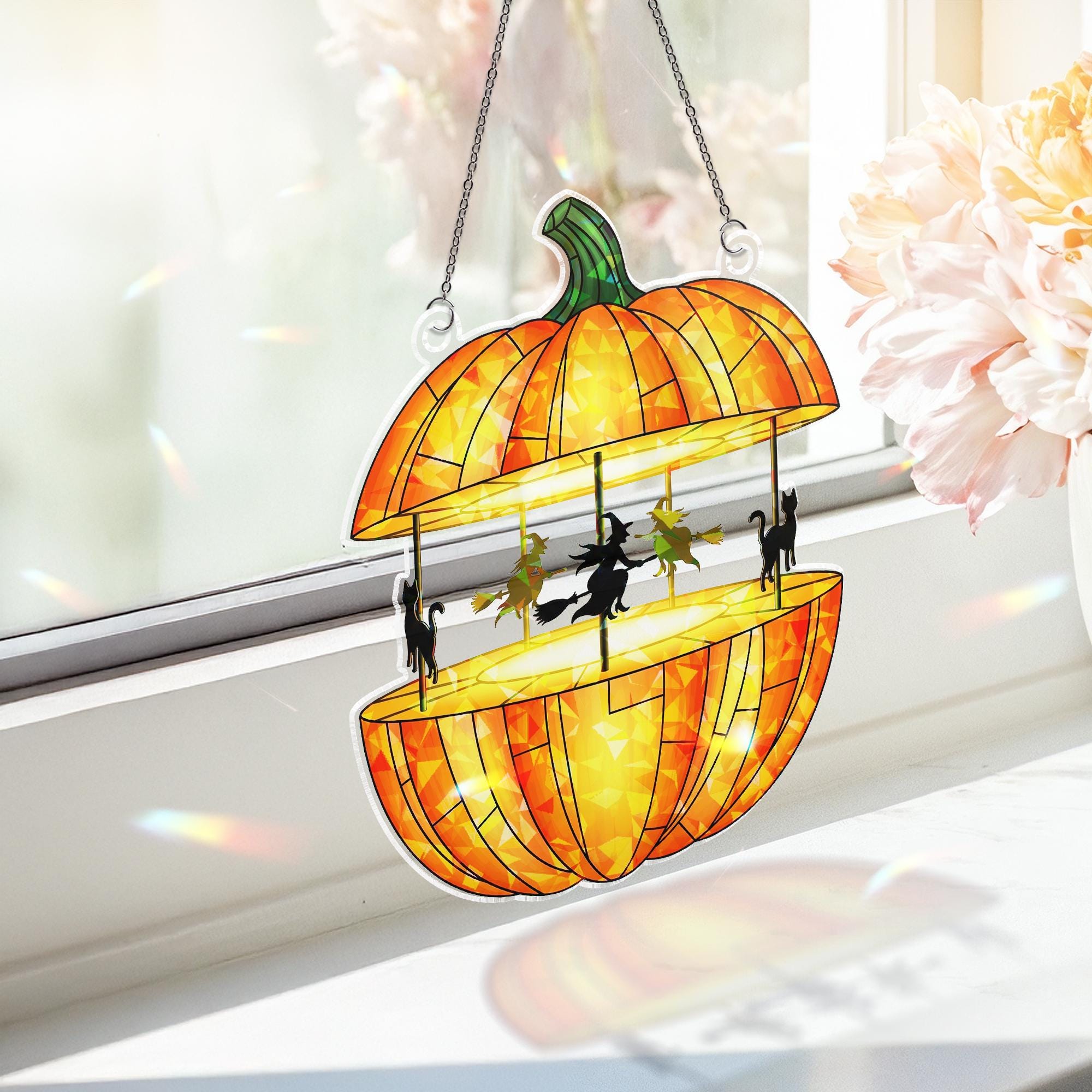 Pumpkin Carousel Holographic Window Hanging – Halloween Witch Cat Sun Catcher, Spooky Pumpkin Decor for Haunted House Windows