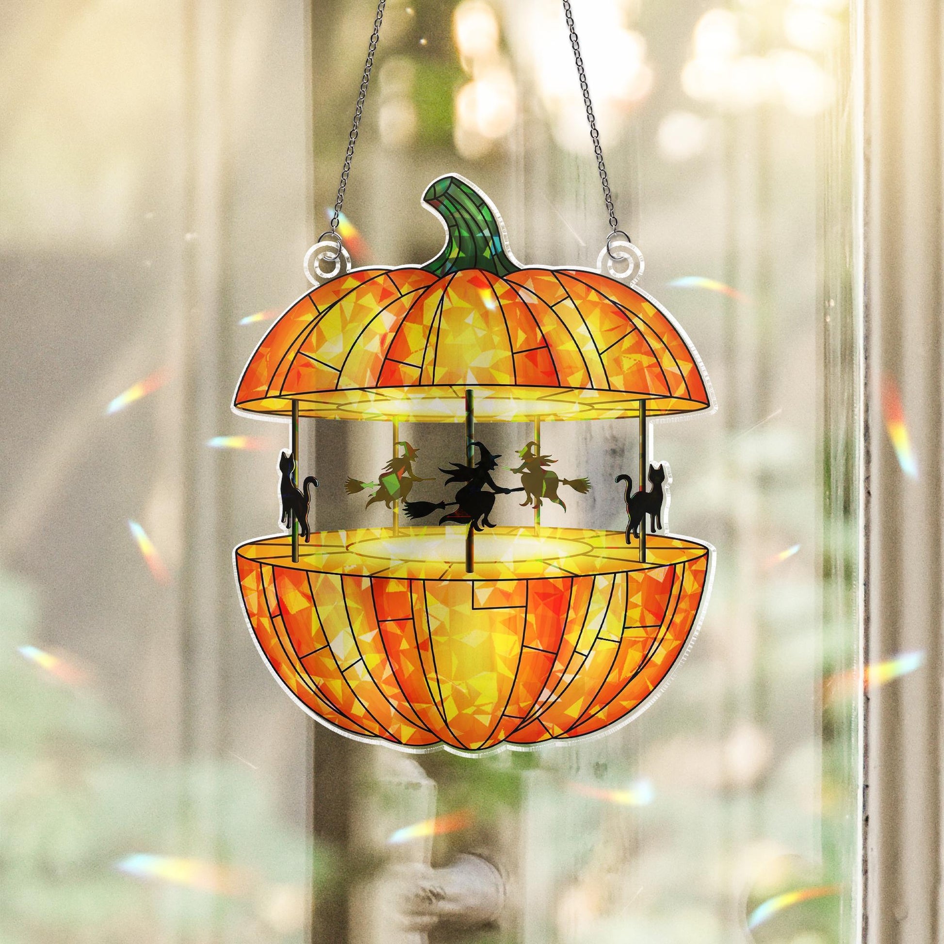 Pumpkin Carousel Holographic Window Hanging – Halloween Witch Cat Sun Catcher, Spooky Pumpkin Decor for Haunted House Windows