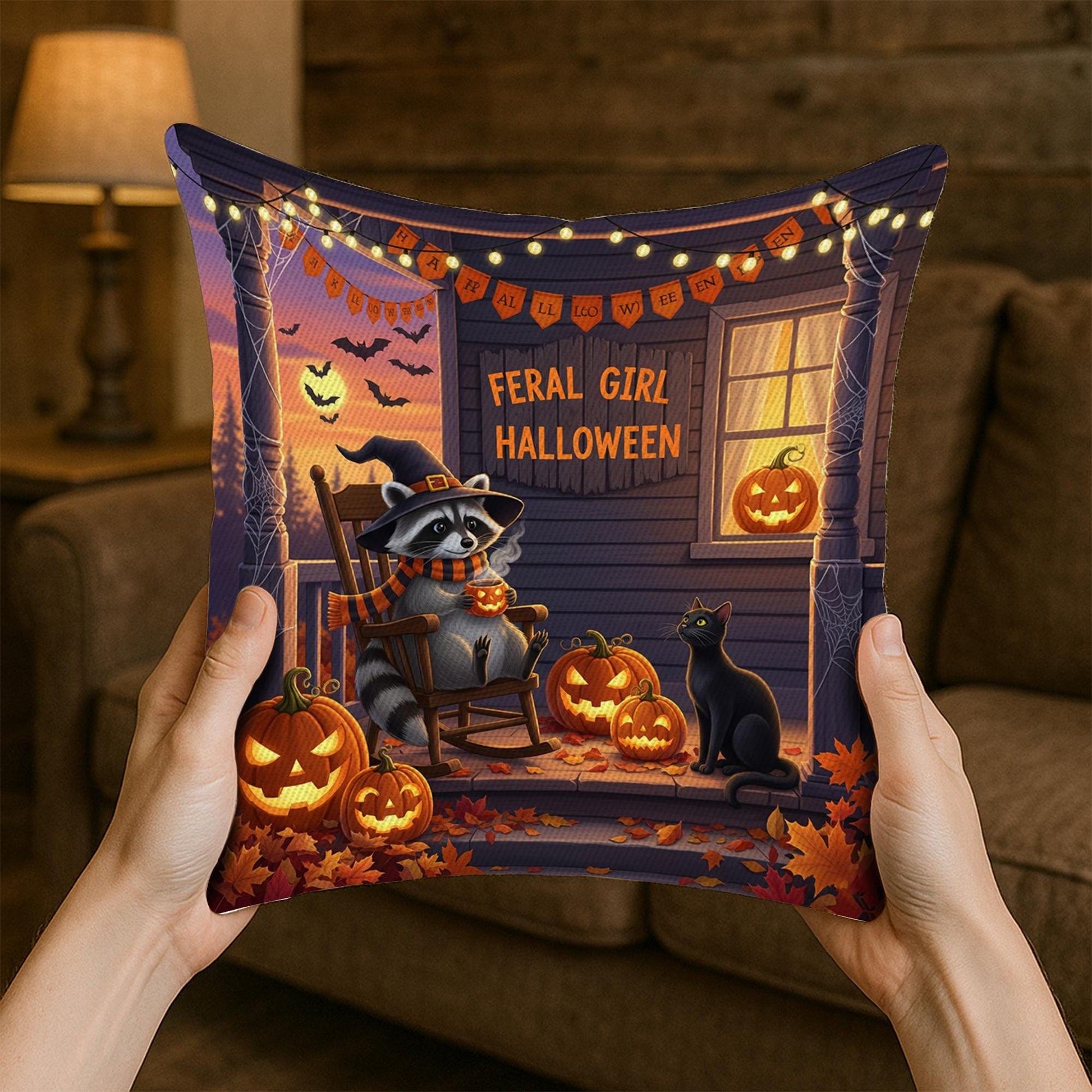 Halloween Raccoon and Black Cat Throw Pillow, Cozy Fall Porch Jack-O-Lantern Cushion, Autumn Pumpkin Decorative Pillow Cover