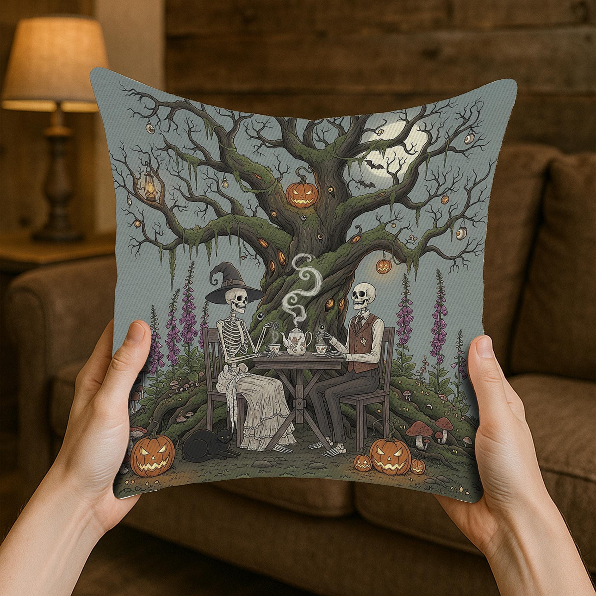 Skeleton Tea Party Halloween Pillow, Gothic Spooky Pumpkin Cushion Cover, Vintage Haunted Tree Decorative Throw Pillow