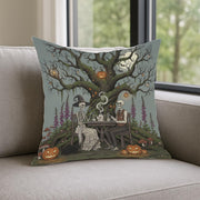 Skeleton Tea Party Halloween Pillow, Gothic Spooky Pumpkin Cushion Cover, Vintage Haunted Tree Decorative Throw Pillow