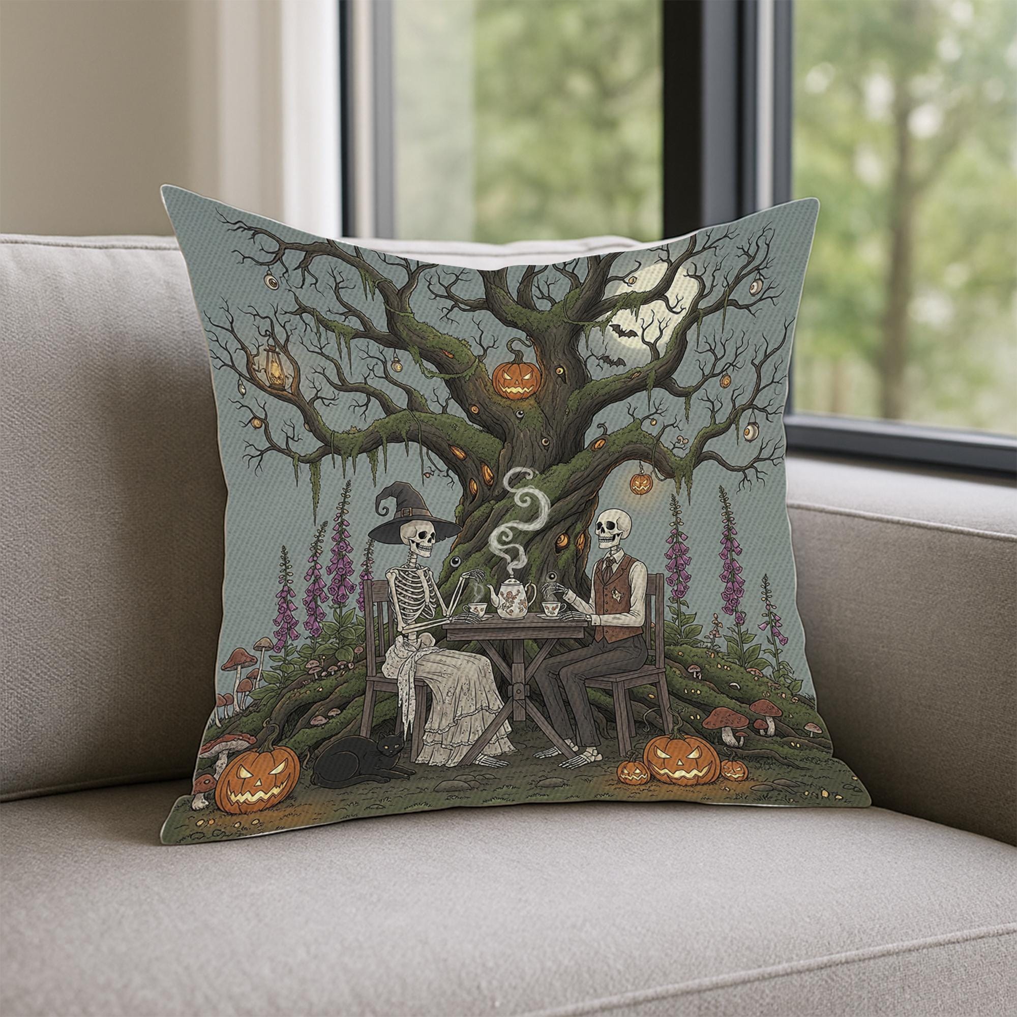 Skeleton Tea Party Halloween Pillow, Gothic Spooky Pumpkin Cushion Cover, Vintage Haunted Tree Decorative Throw Pillow