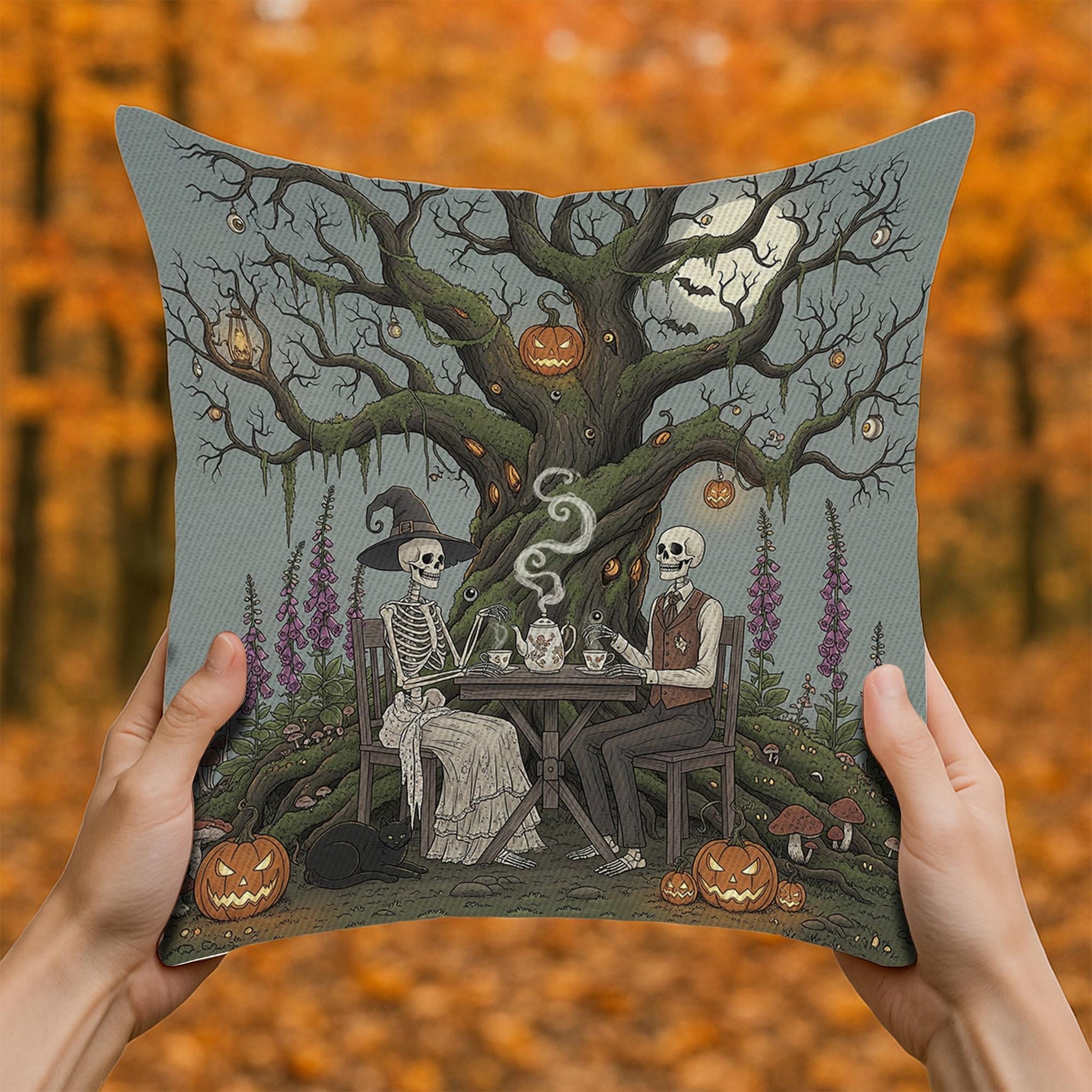 Skeleton Tea Party Halloween Pillow, Gothic Spooky Pumpkin Cushion Cover, Vintage Haunted Tree Decorative Throw Pillow