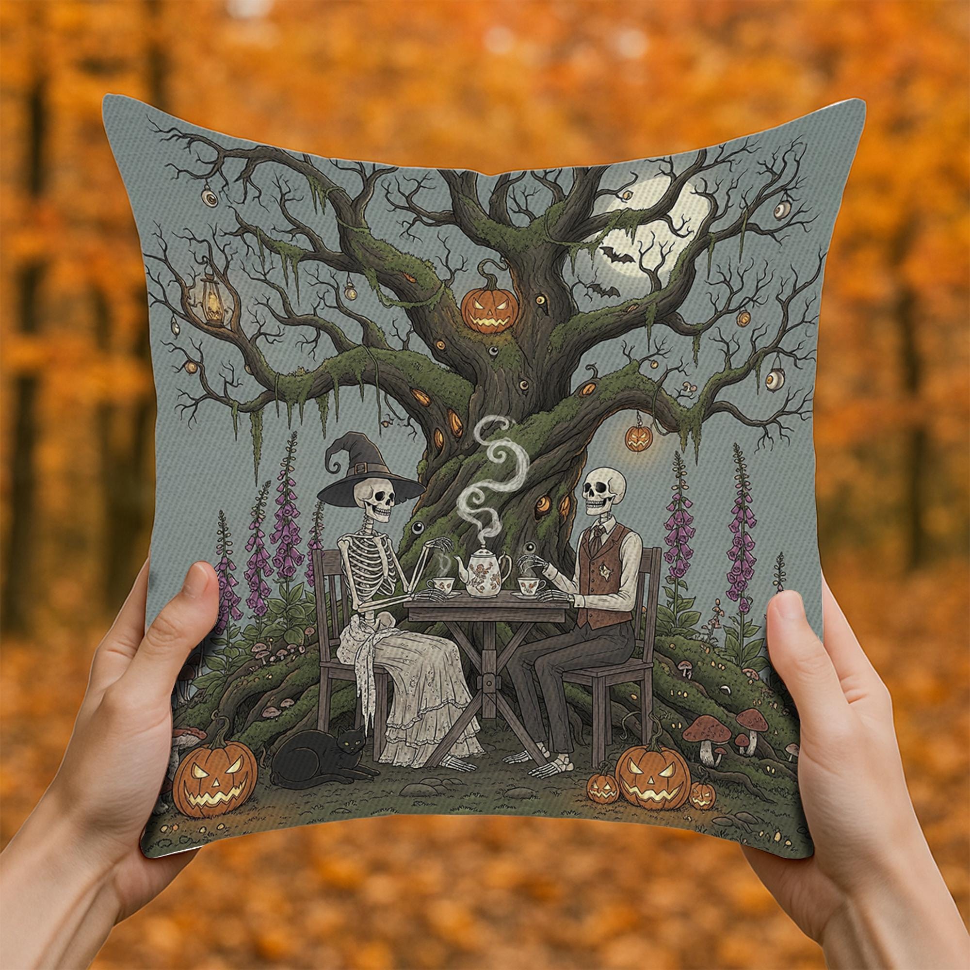 Skeleton Tea Party Halloween Pillow, Gothic Spooky Pumpkin Cushion Cover, Vintage Haunted Tree Decorative Throw Pillow