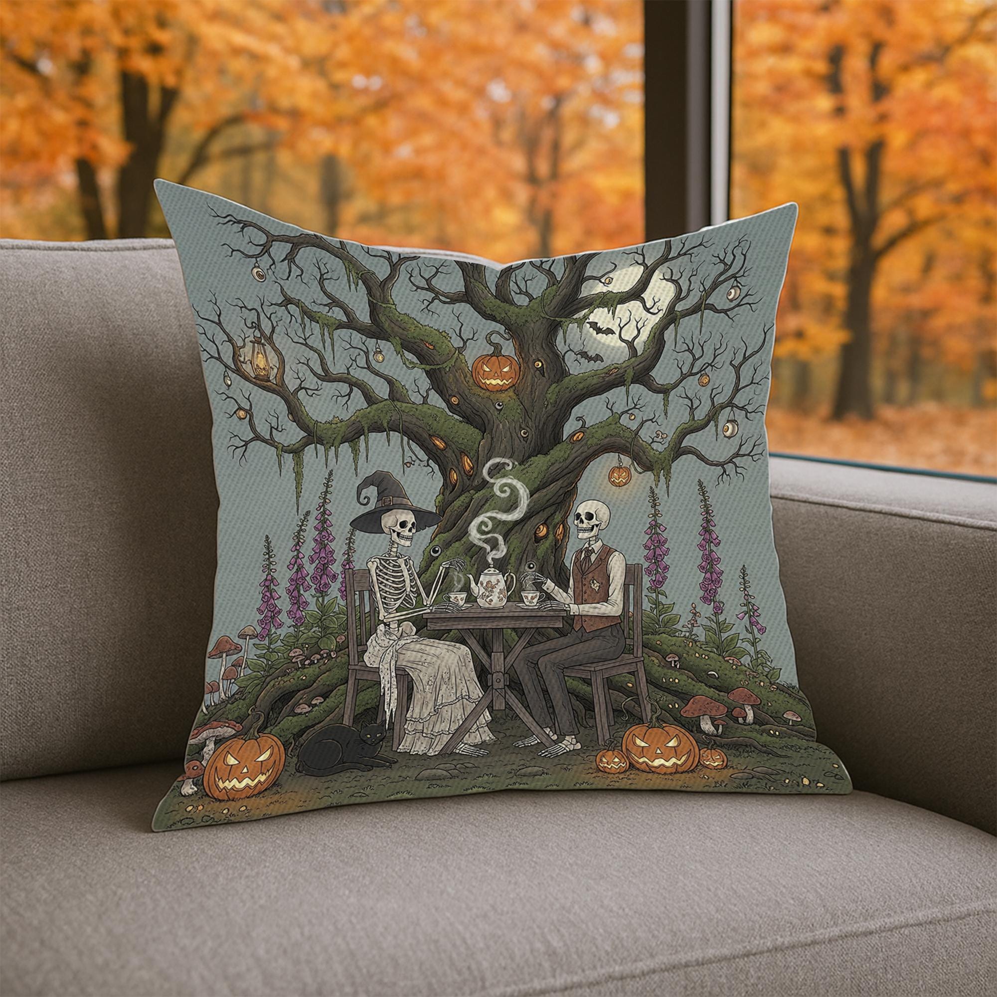 Skeleton Tea Party Halloween Pillow, Gothic Spooky Pumpkin Cushion Cover, Vintage Haunted Tree Decorative Throw Pillow