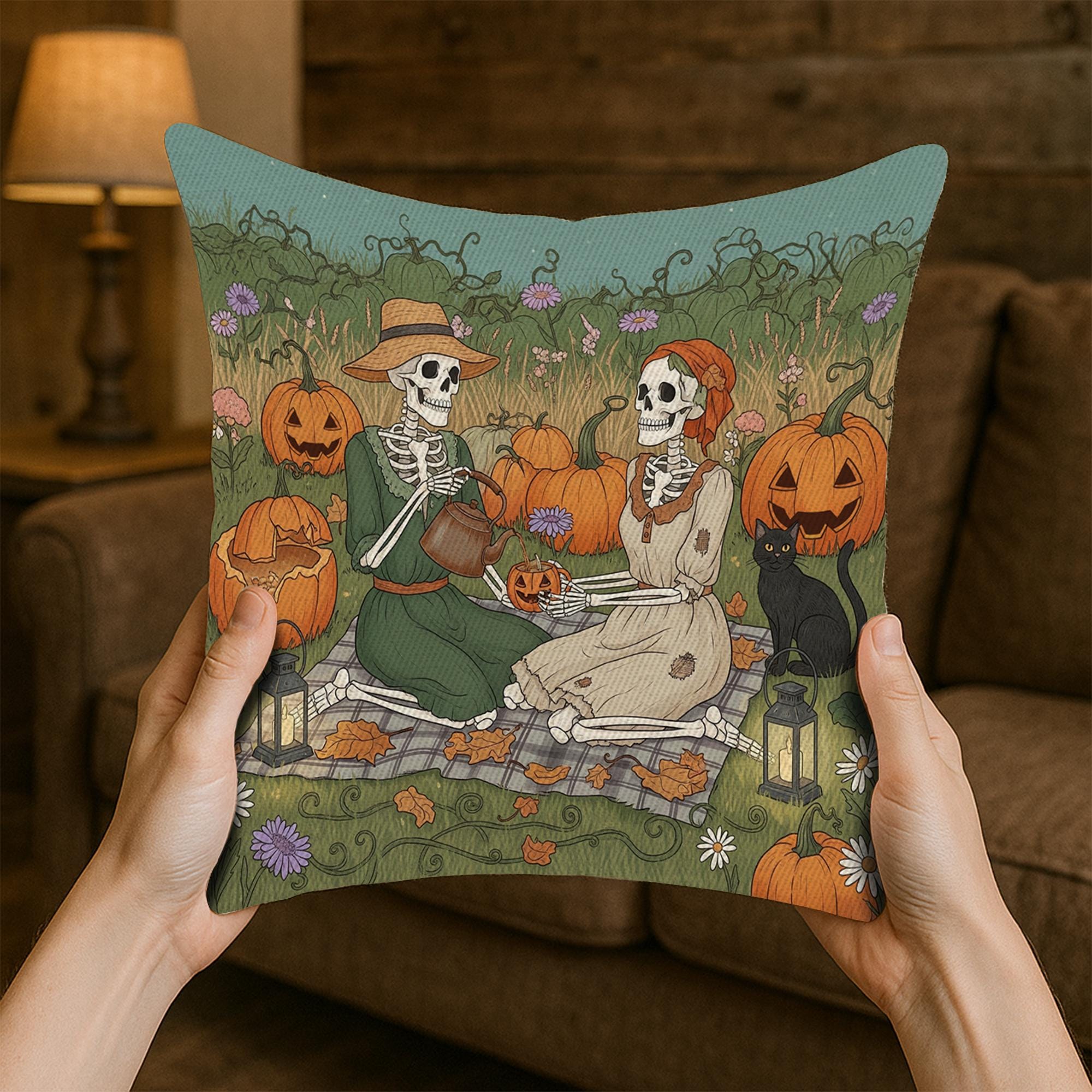 Skeleton Pumpkin Carving Pillow, Gothic Halloween Throw Cushion Cover, Autumn Black Cat and Jack-O’-Lantern Decorative Pillow