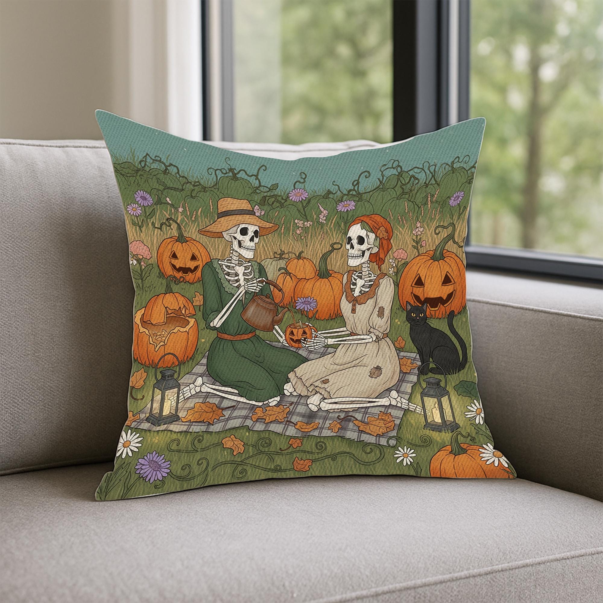 Skeleton Pumpkin Carving Pillow, Gothic Halloween Throw Cushion Cover, Autumn Black Cat and Jack-O’-Lantern Decorative Pillow