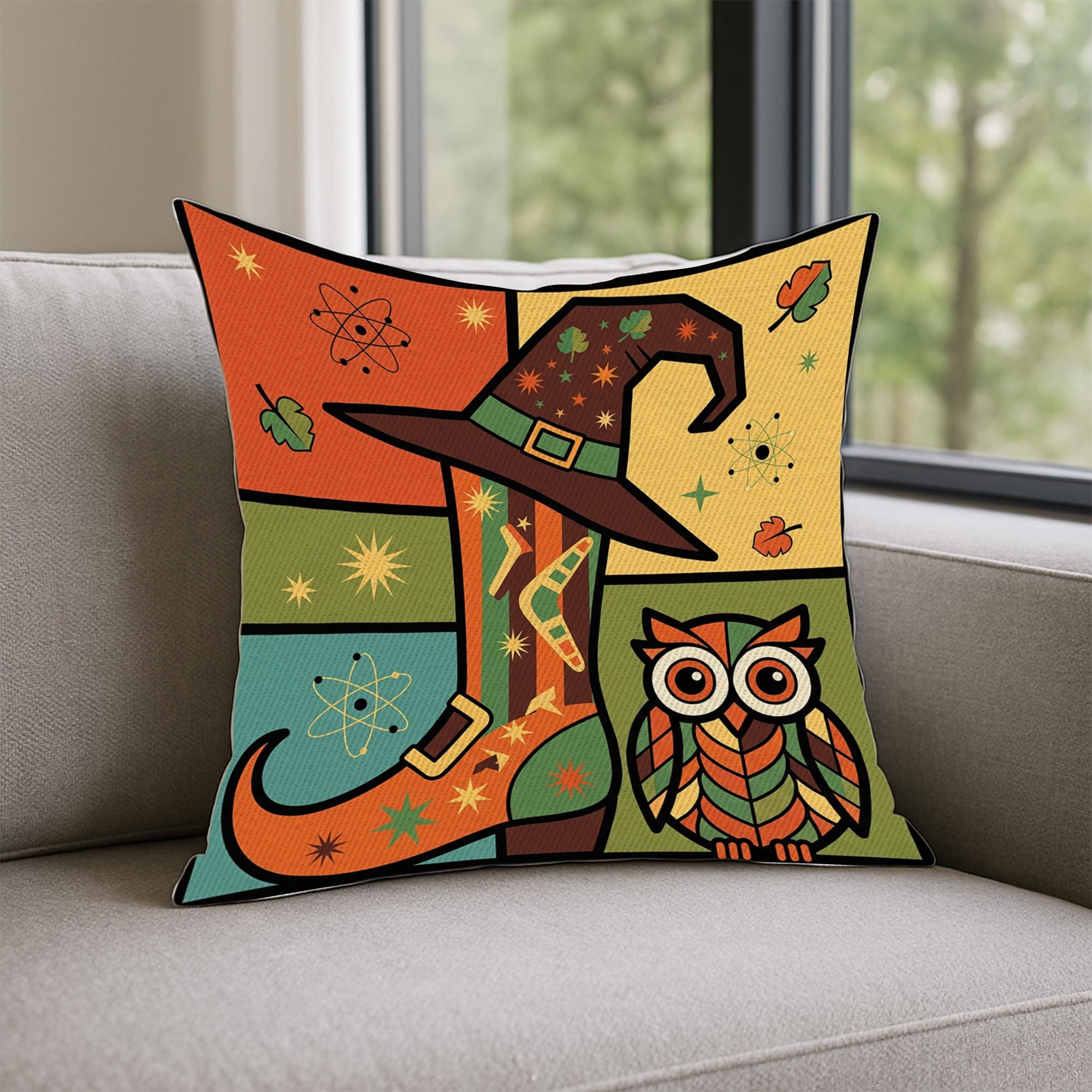 Retro Witch Boot and Owl Pillow, Colorful Halloween Throw Cushion, Mid Century Modern Fall Decorative Pillow Cover