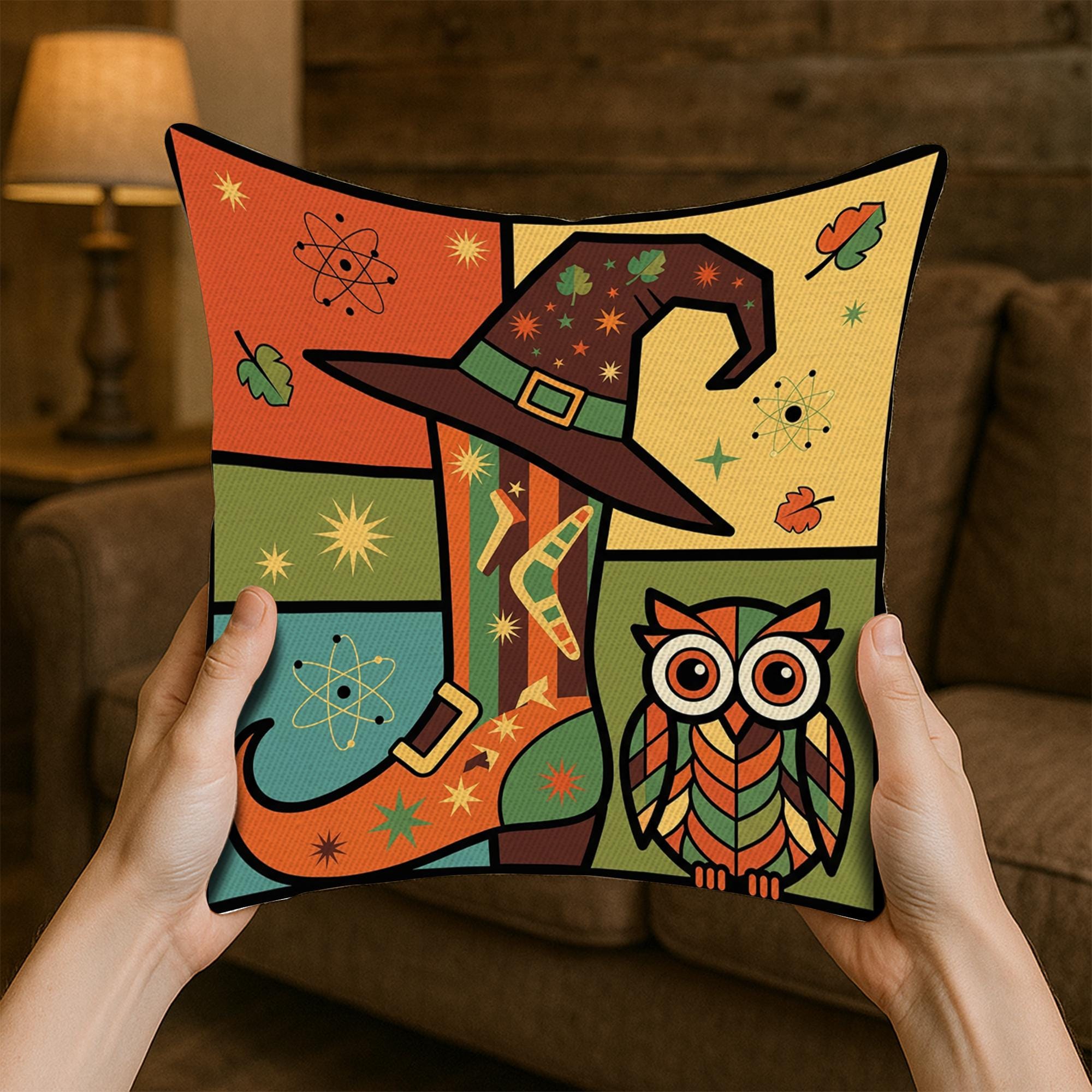 Retro Witch Boot and Owl Pillow, Colorful Halloween Throw Cushion, Mid Century Modern Fall Decorative Pillow Cover