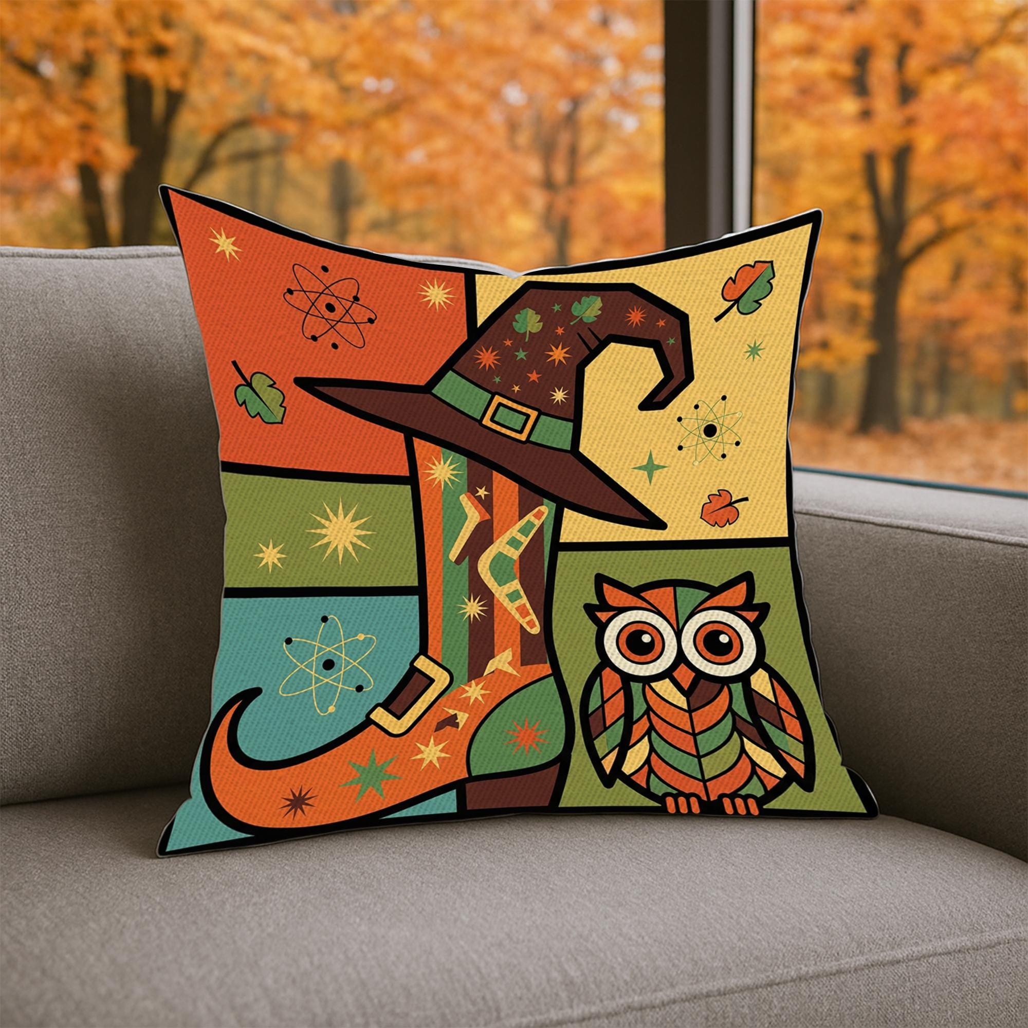 Retro Witch Boot and Owl Pillow, Colorful Halloween Throw Cushion, Mid Century Modern Fall Decorative Pillow Cover