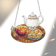 Autumn Tea Set Holographic Window Hanging – Fall Teapot Cup Pie Sun Catcher, Cozy Kitchen Decor for Seasonal Autumn Window Display