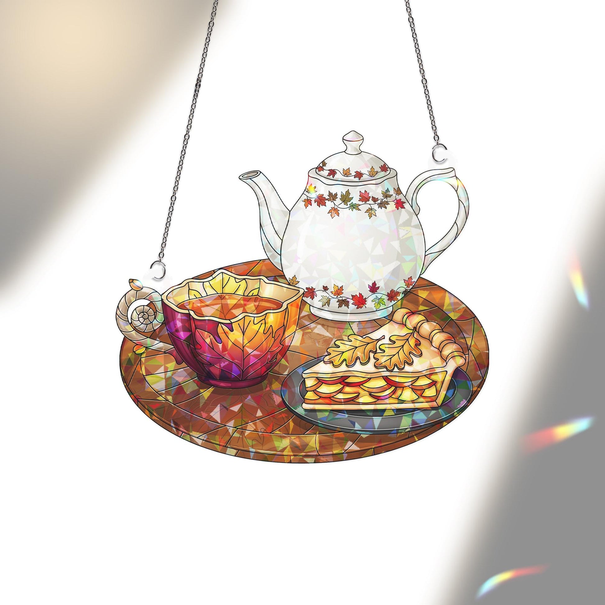 Autumn Tea Set Holographic Window Hanging – Fall Teapot Cup Pie Sun Catcher, Cozy Kitchen Decor for Seasonal Autumn Window Display