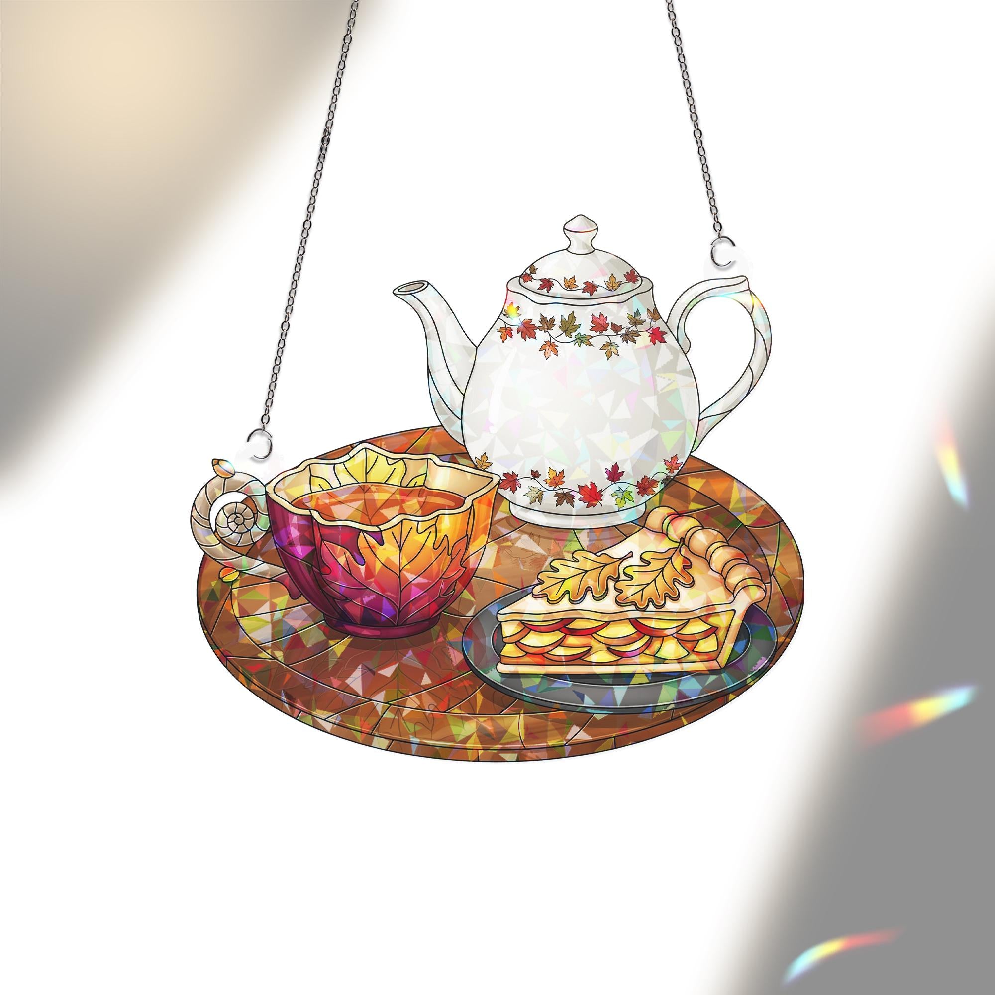 Autumn Tea Set Holographic Window Hanging – Fall Teapot Cup Pie Sun Catcher, Cozy Kitchen Decor for Seasonal Autumn Window Display
