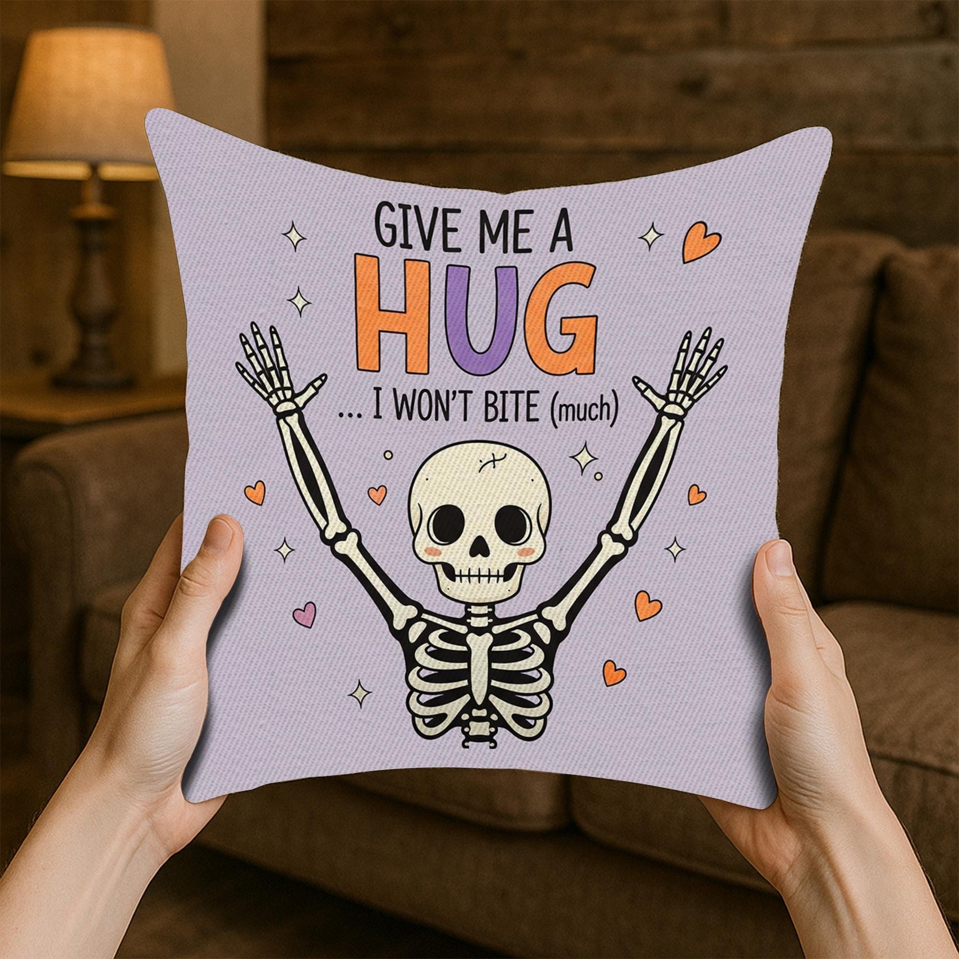 Give Me a Hug Skeleton Pillow, Funny Halloween Throw Cushion, Cute Spooky Skeleton Decorative Pillow Cover