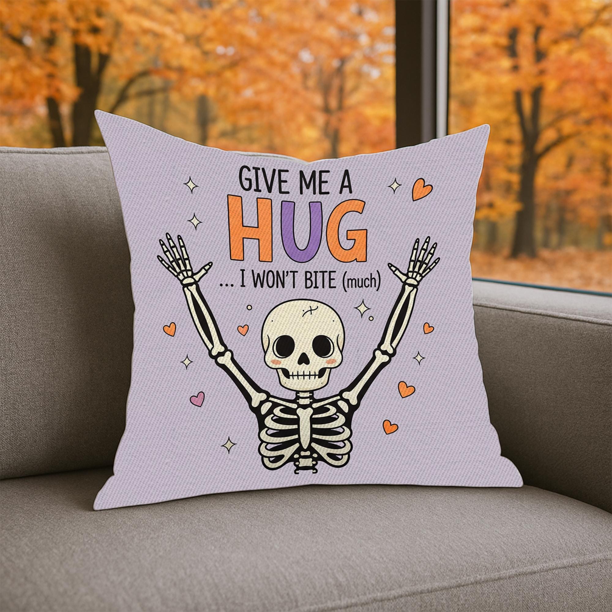 Give Me a Hug Skeleton Pillow, Funny Halloween Throw Cushion, Cute Spooky Skeleton Decorative Pillow Cover