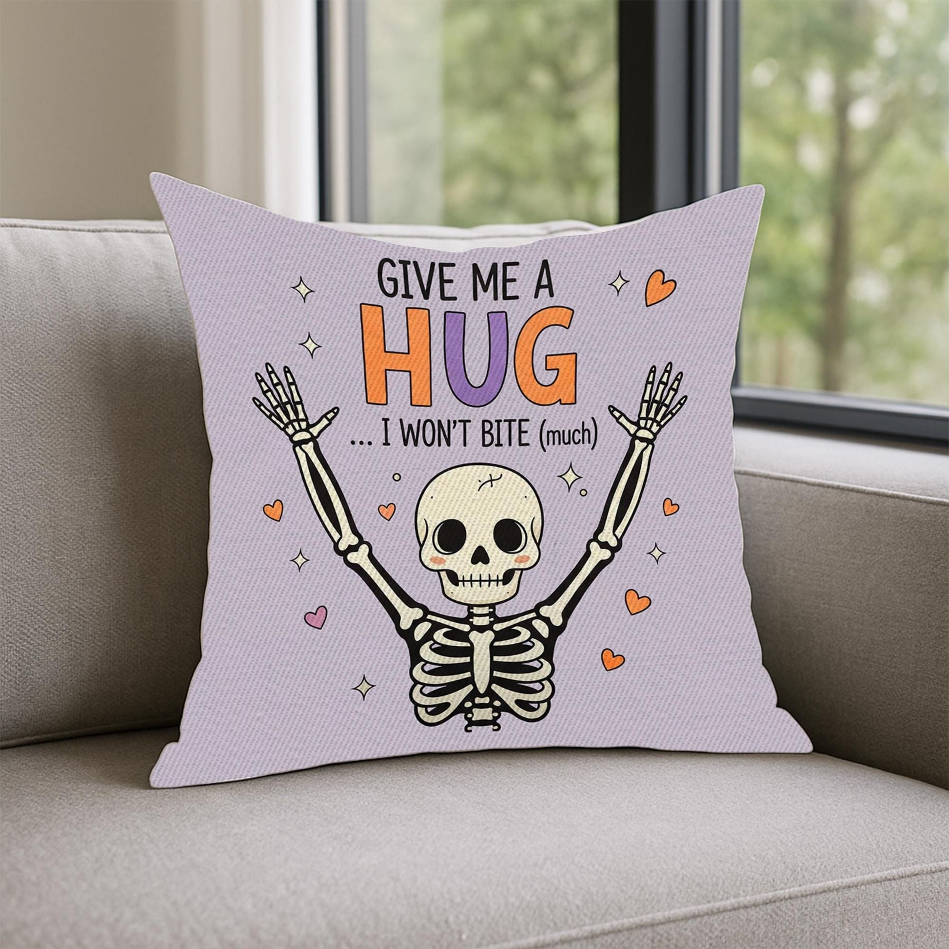 Give Me a Hug Skeleton Pillow, Funny Halloween Throw Cushion, Cute Spooky Skeleton Decorative Pillow Cover