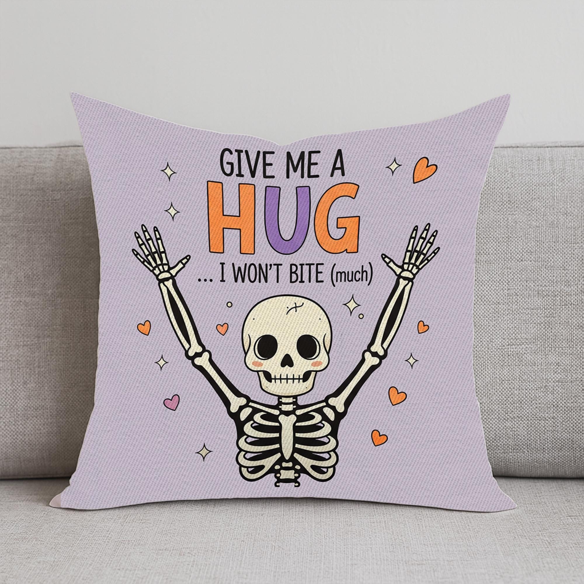 Give Me a Hug Skeleton Pillow, Funny Halloween Throw Cushion, Cute Spooky Skeleton Decorative Pillow Cover