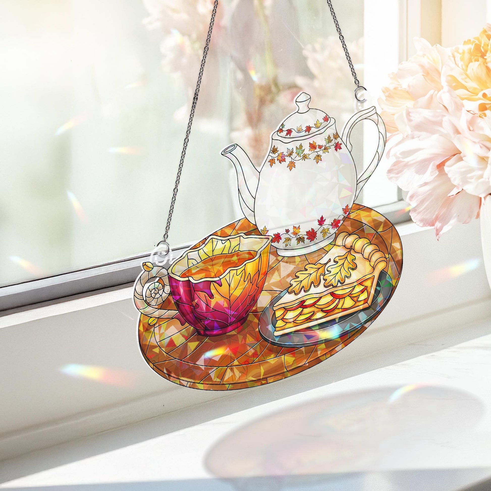 Autumn Tea Set Holographic Window Hanging – Fall Teapot Cup Pie Sun Catcher, Cozy Kitchen Decor for Seasonal Autumn Window Display