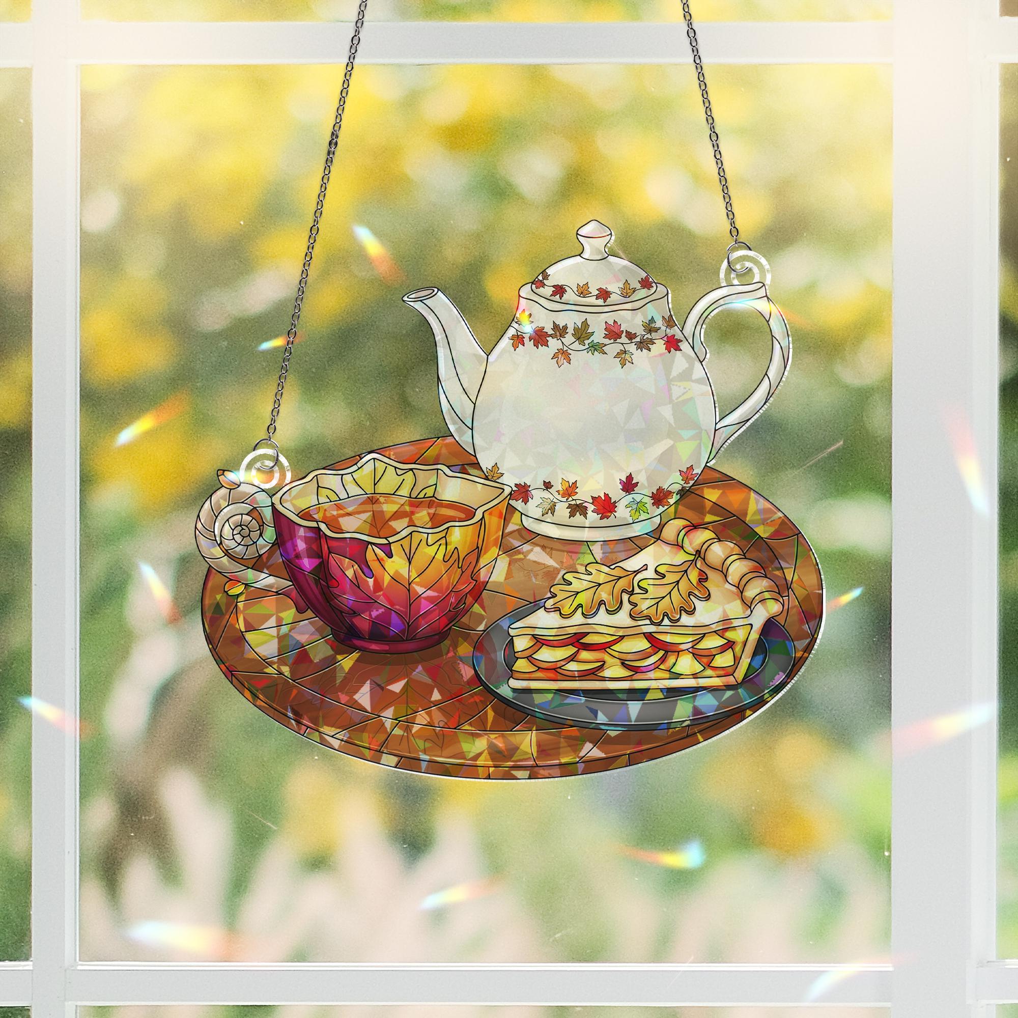 Autumn Tea Set Holographic Window Hanging – Fall Teapot Cup Pie Sun Catcher, Cozy Kitchen Decor for Seasonal Autumn Window Display