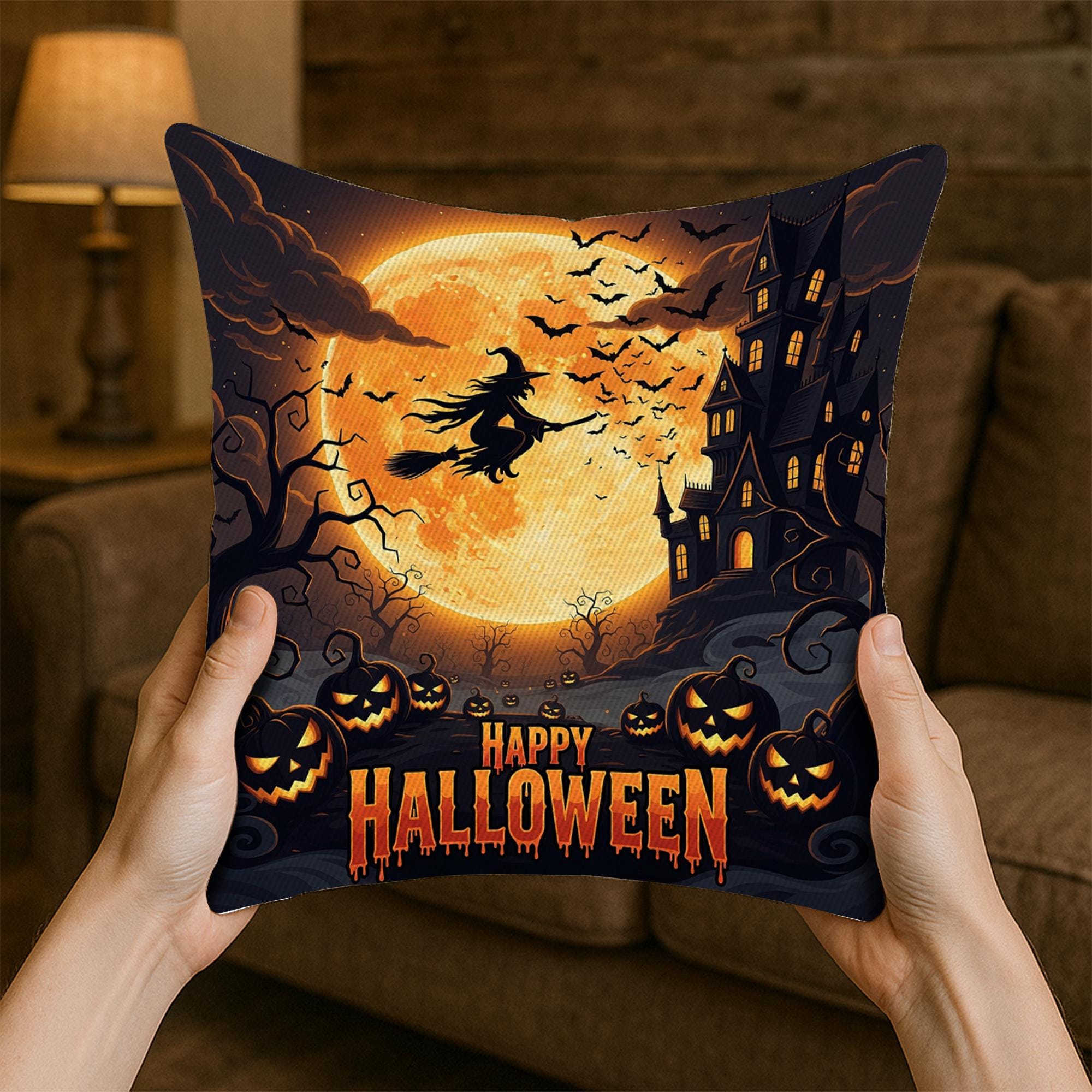 Happy Halloween Pillow, Witch Flying Over Haunted House Cushion Cover, Spooky Pumpkin and Full Moon Throw Pillow