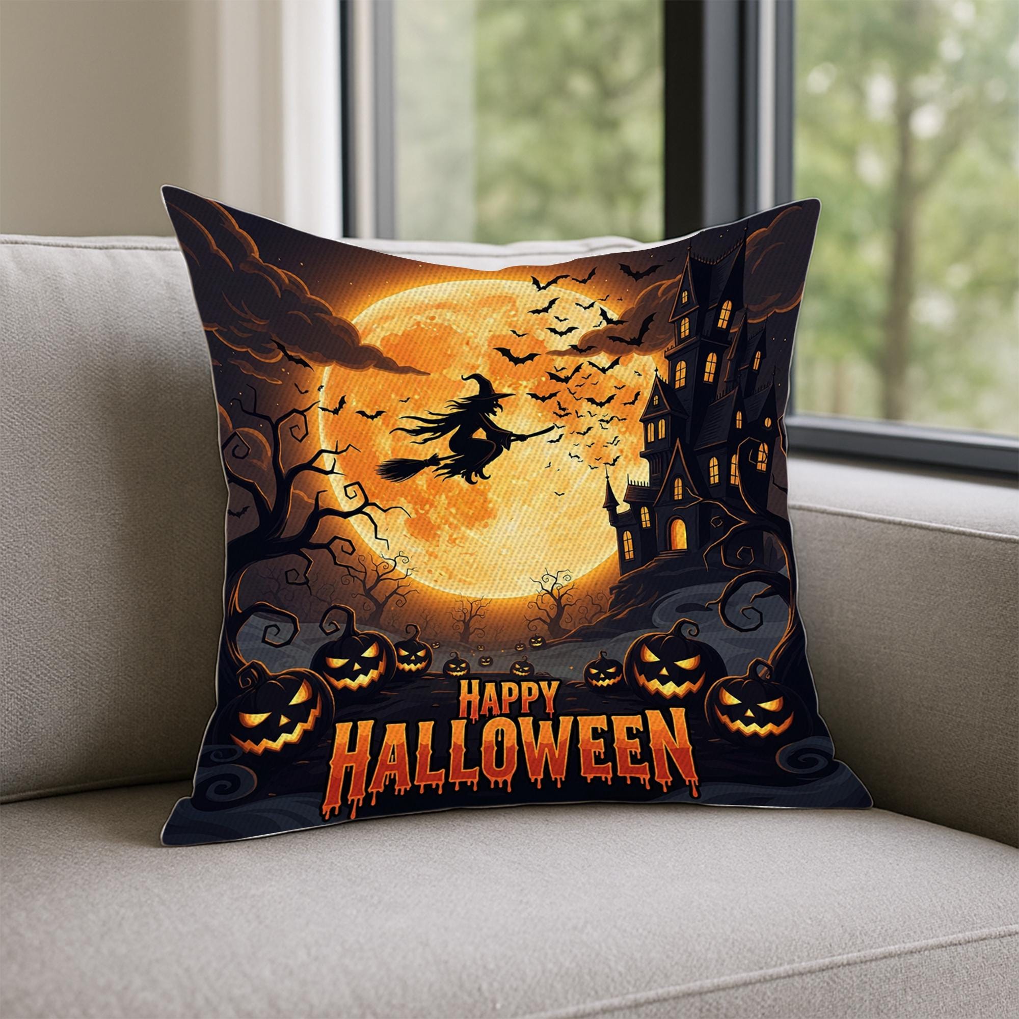 Happy Halloween Pillow, Witch Flying Over Haunted House Cushion Cover, Spooky Pumpkin and Full Moon Throw Pillow