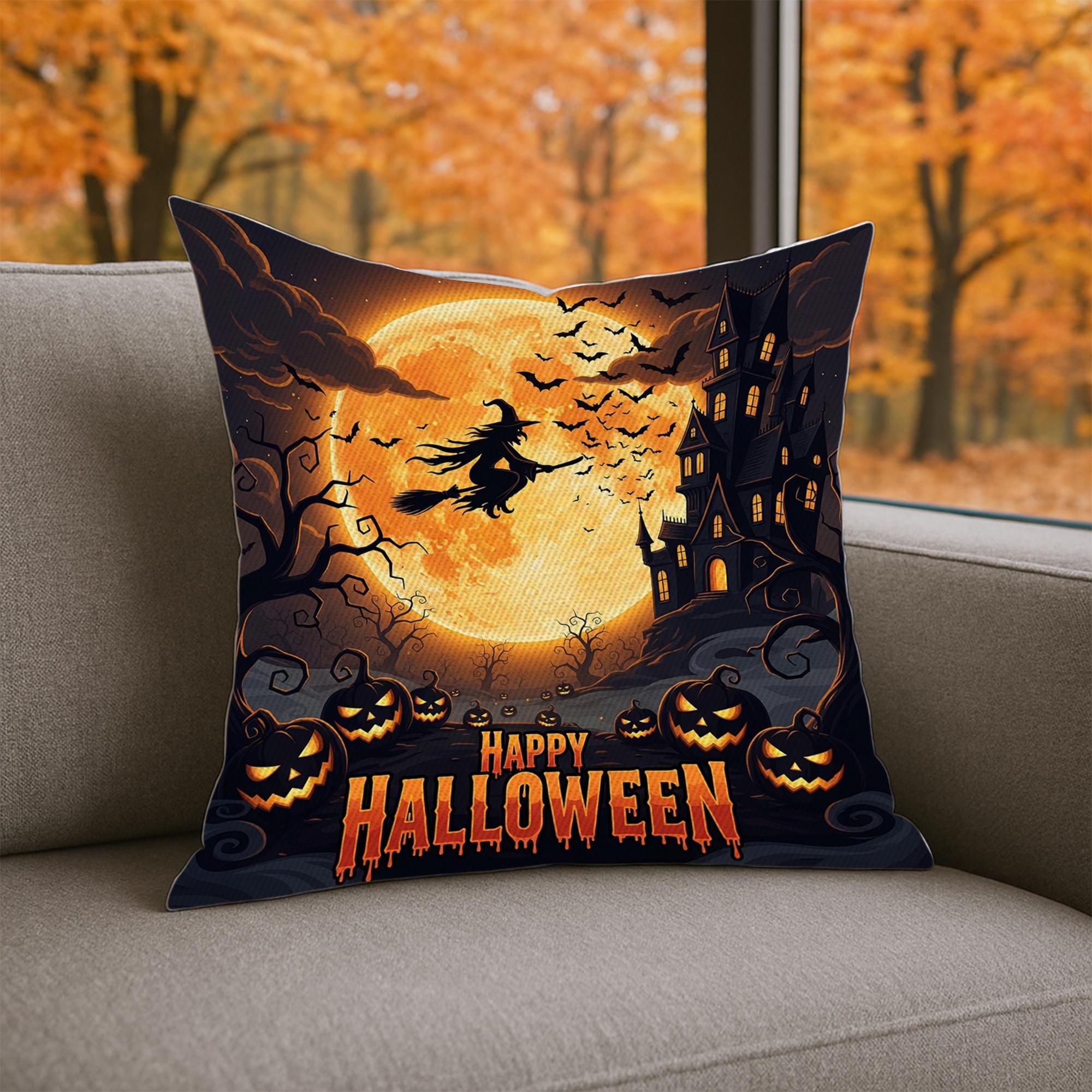 Happy Halloween Pillow, Witch Flying Over Haunted House Cushion Cover, Spooky Pumpkin and Full Moon Throw Pillow
