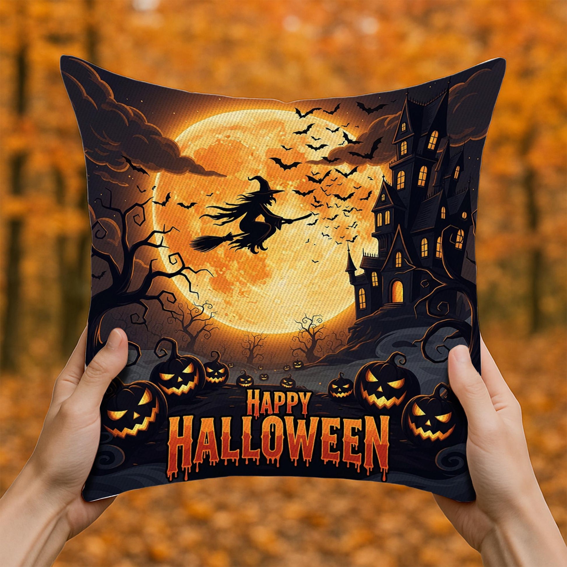 Happy Halloween Pillow, Witch Flying Over Haunted House Cushion Cover, Spooky Pumpkin and Full Moon Throw Pillow