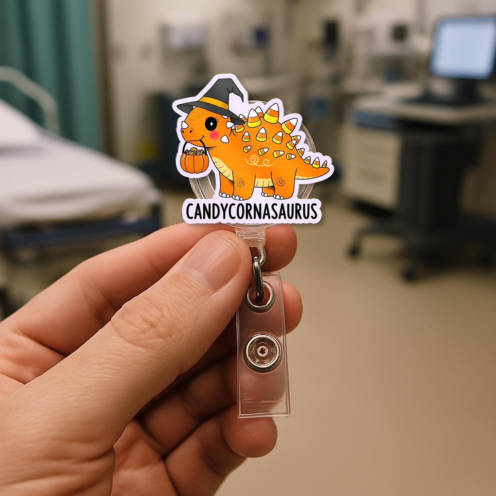 Candycornasaurus Badge Reel – Cute Dinosaur Halloween Candy Corn Retractable ID Holder, Nurse Teacher Office Fall Accessory